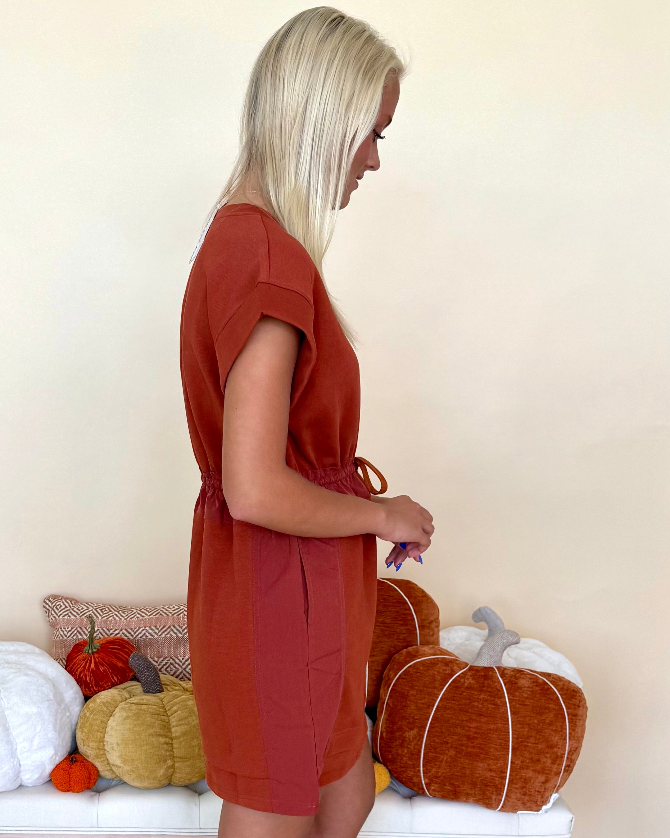 Finish Line Rust Tie Waist Dress-Shop-Womens-Boutique-Clothing