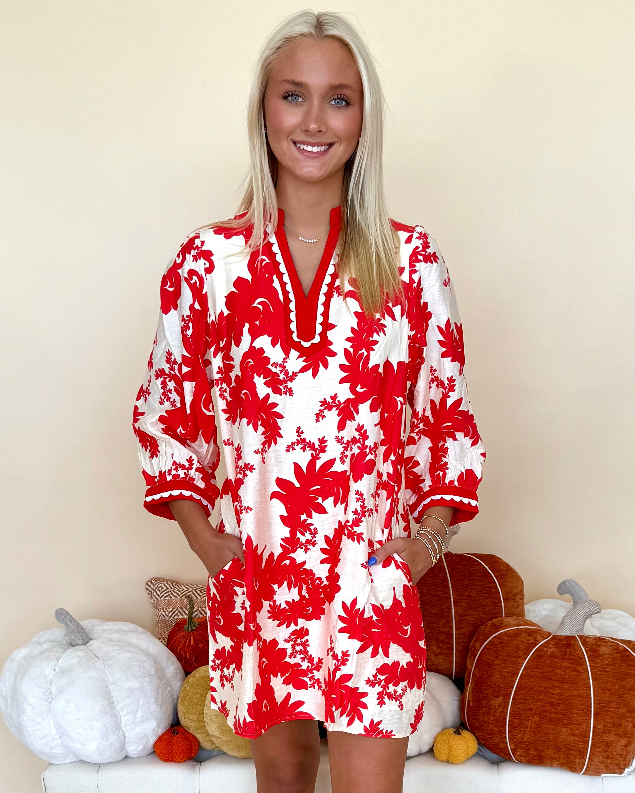 Autumn Crisp Red Lace Trim Floral Dress-Shop-Womens-Boutique-Clothing