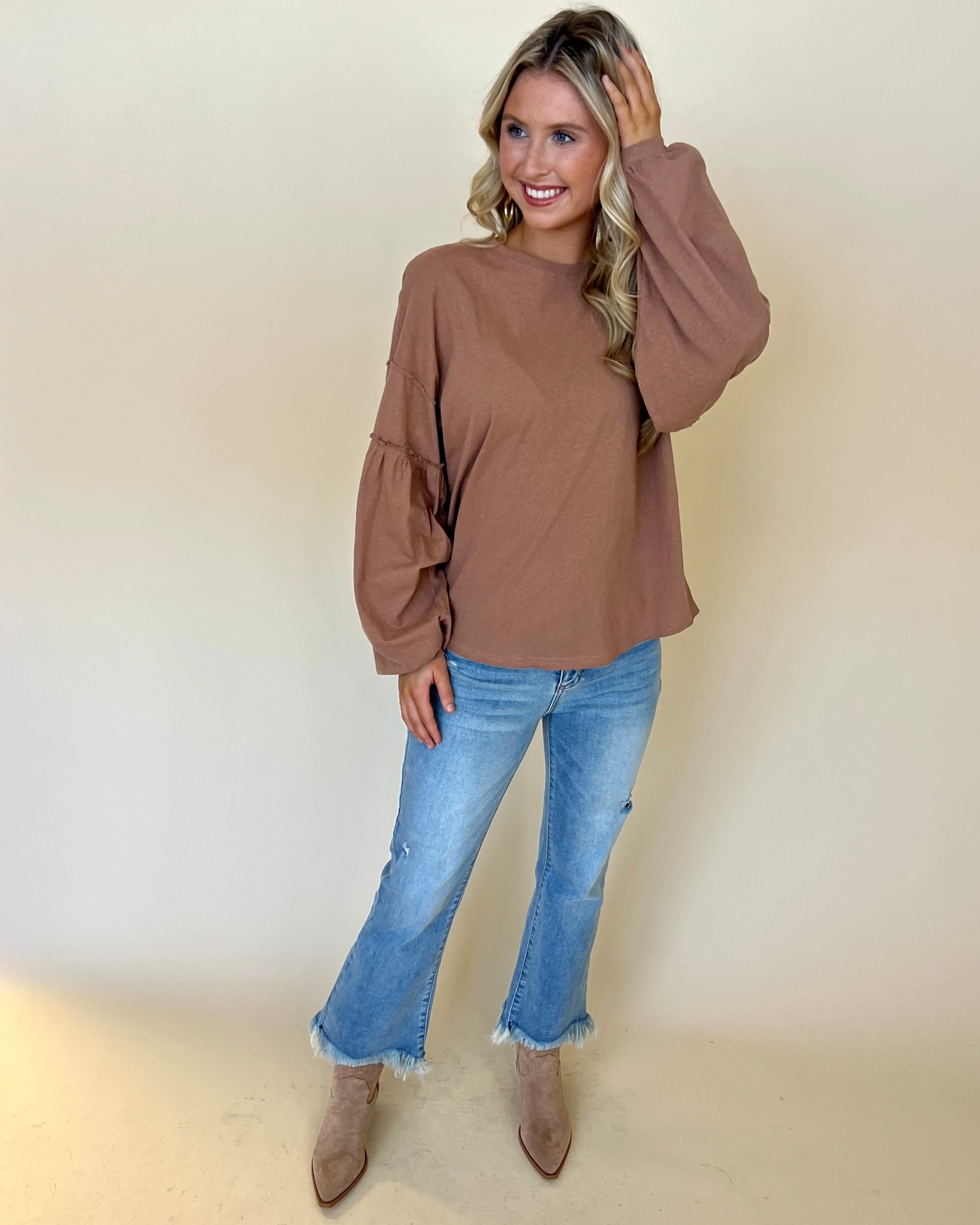 Only You Cocoa Slub Puff Sleeve Top-Shop-Womens-Boutique-Clothing