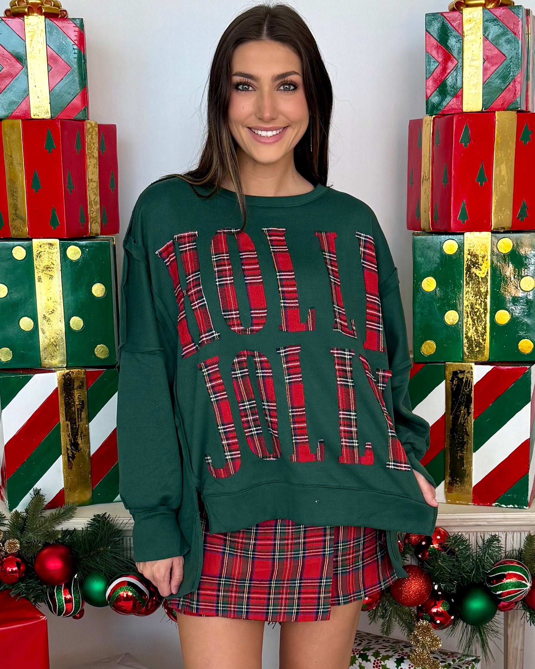 Playful Cozy Green/Red Plaid Holly Jolly Oversized Sweatshirt-Shop-Womens-Boutique-Clothing