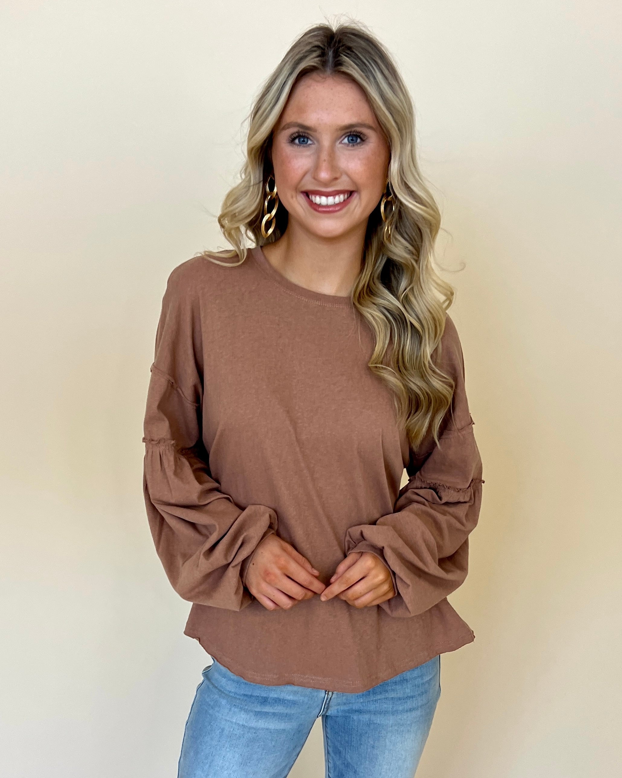 Only You Cocoa Slub Puff Sleeve Top-Shop-Womens-Boutique-Clothing