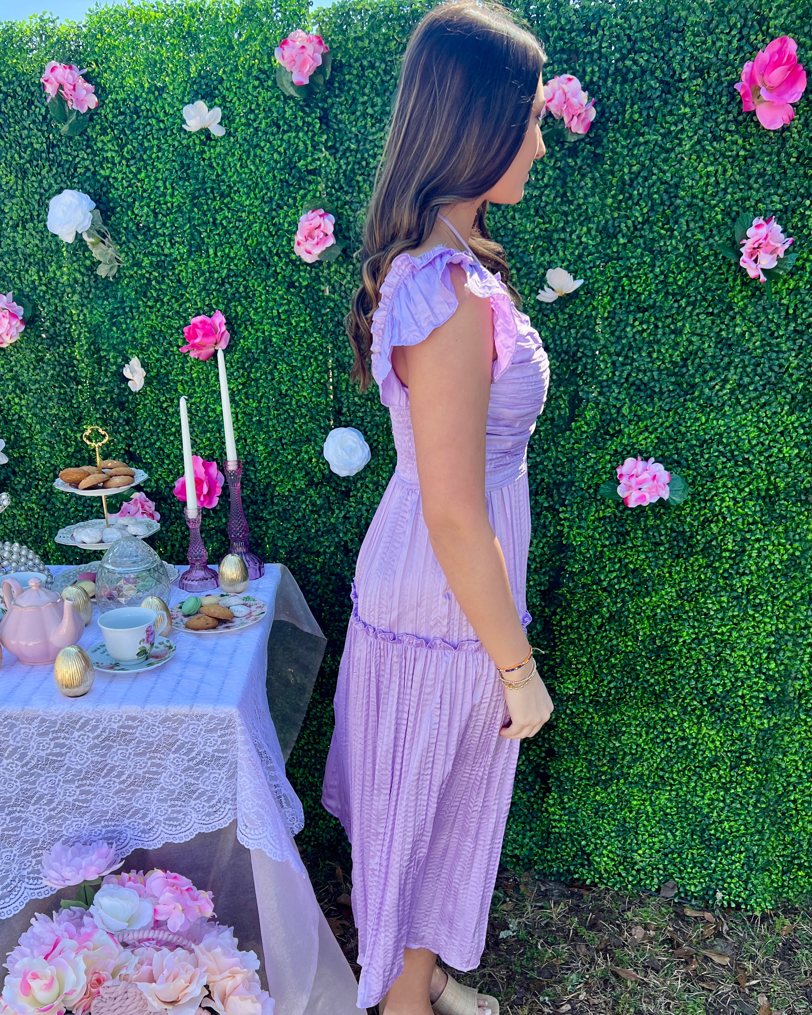 Candid Feelings Lavender Ruched Midi Dress-Shop-Womens-Boutique-Clothing