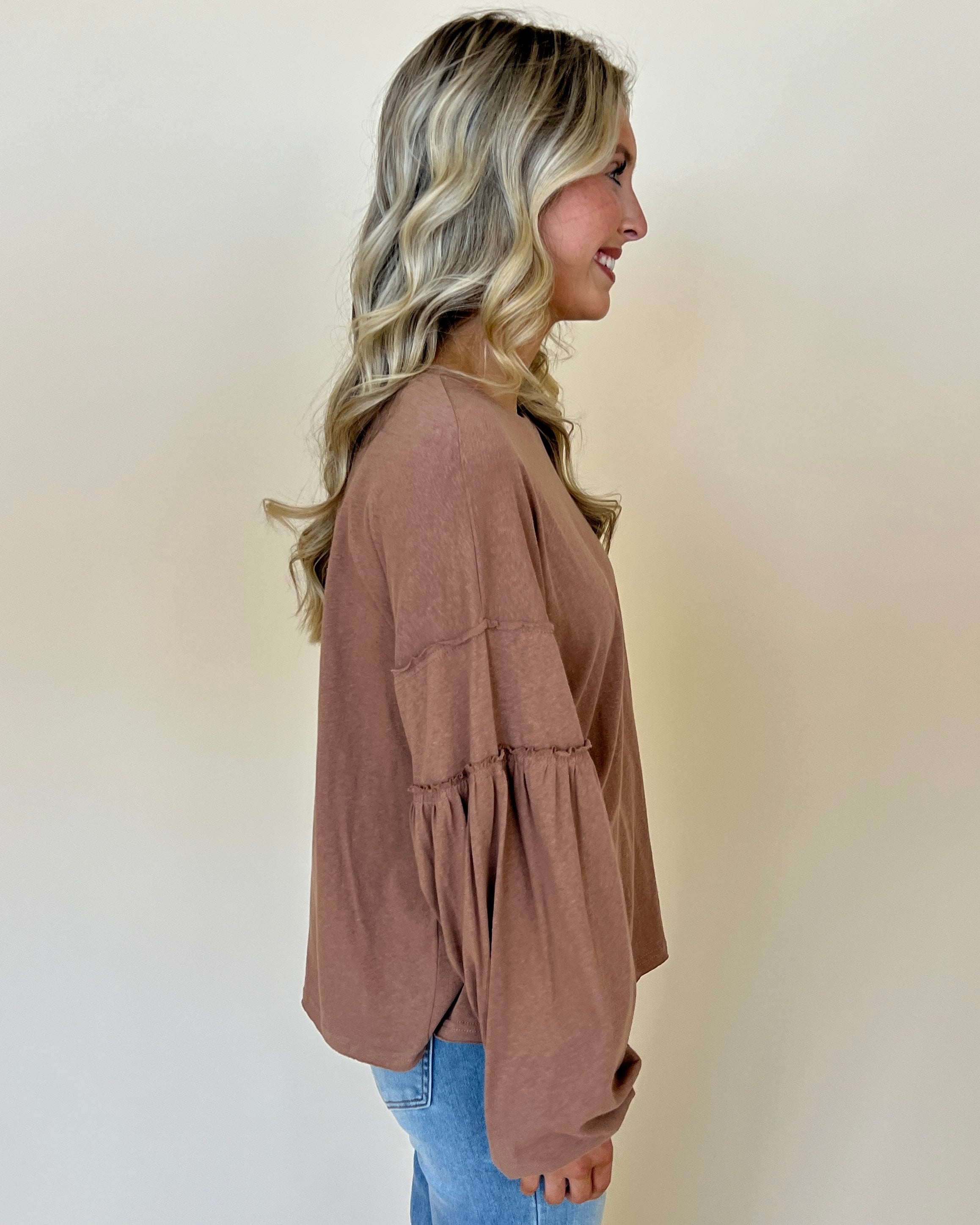 Only You Cocoa Slub Puff Sleeve Top-Shop-Womens-Boutique-Clothing