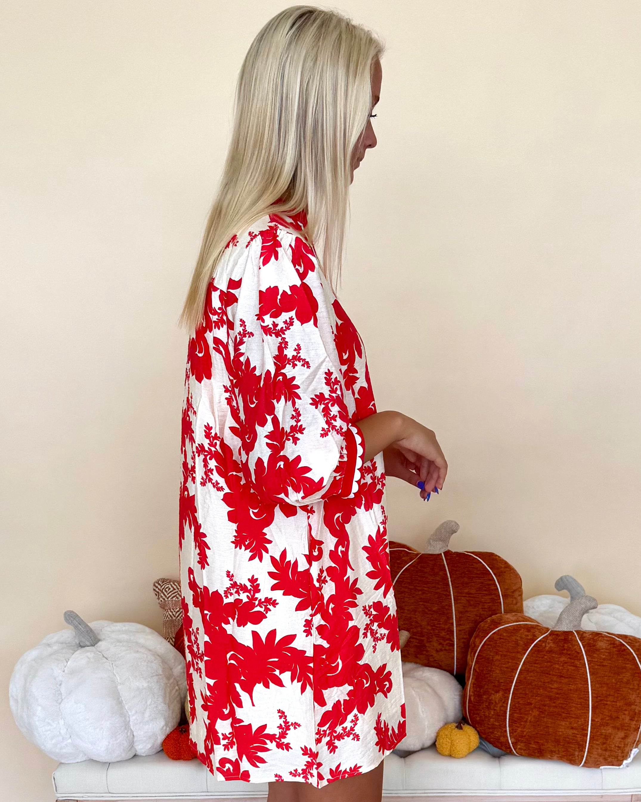 Autumn Crisp Red Lace Trim Floral Dress-Shop-Womens-Boutique-Clothing