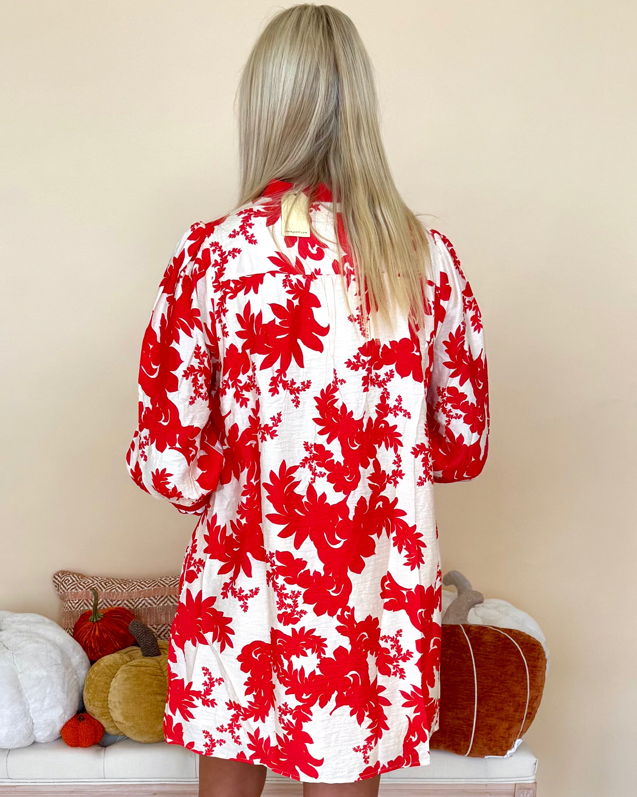 Autumn Crisp Red Lace Trim Floral Dress-Shop-Womens-Boutique-Clothing