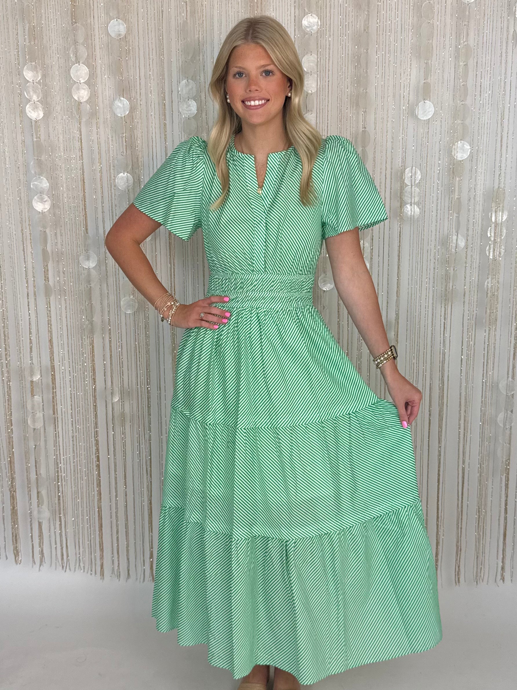 Call It Love Green Striped Smocked Midi Dress-Shop-Womens-Boutique-Clothing