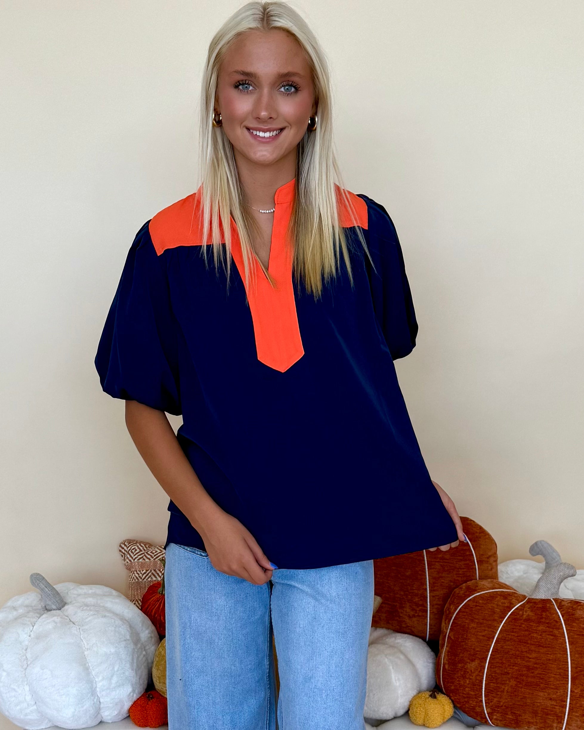 On The Plains Navy/Orange Colorblock Top-Shop-Womens-Boutique-Clothing