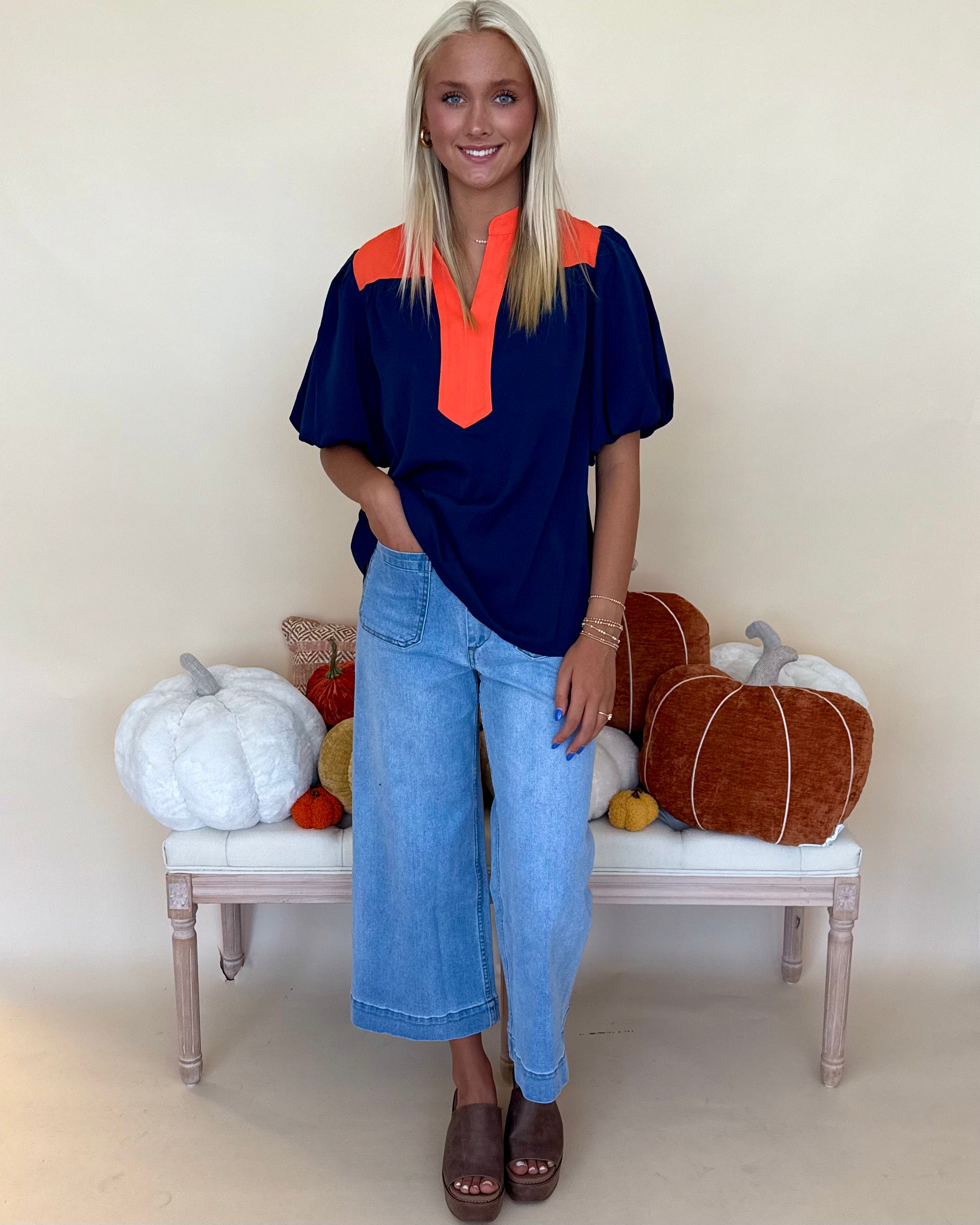 On The Plains Navy/Orange Colorblock Top-Shop-Womens-Boutique-Clothing