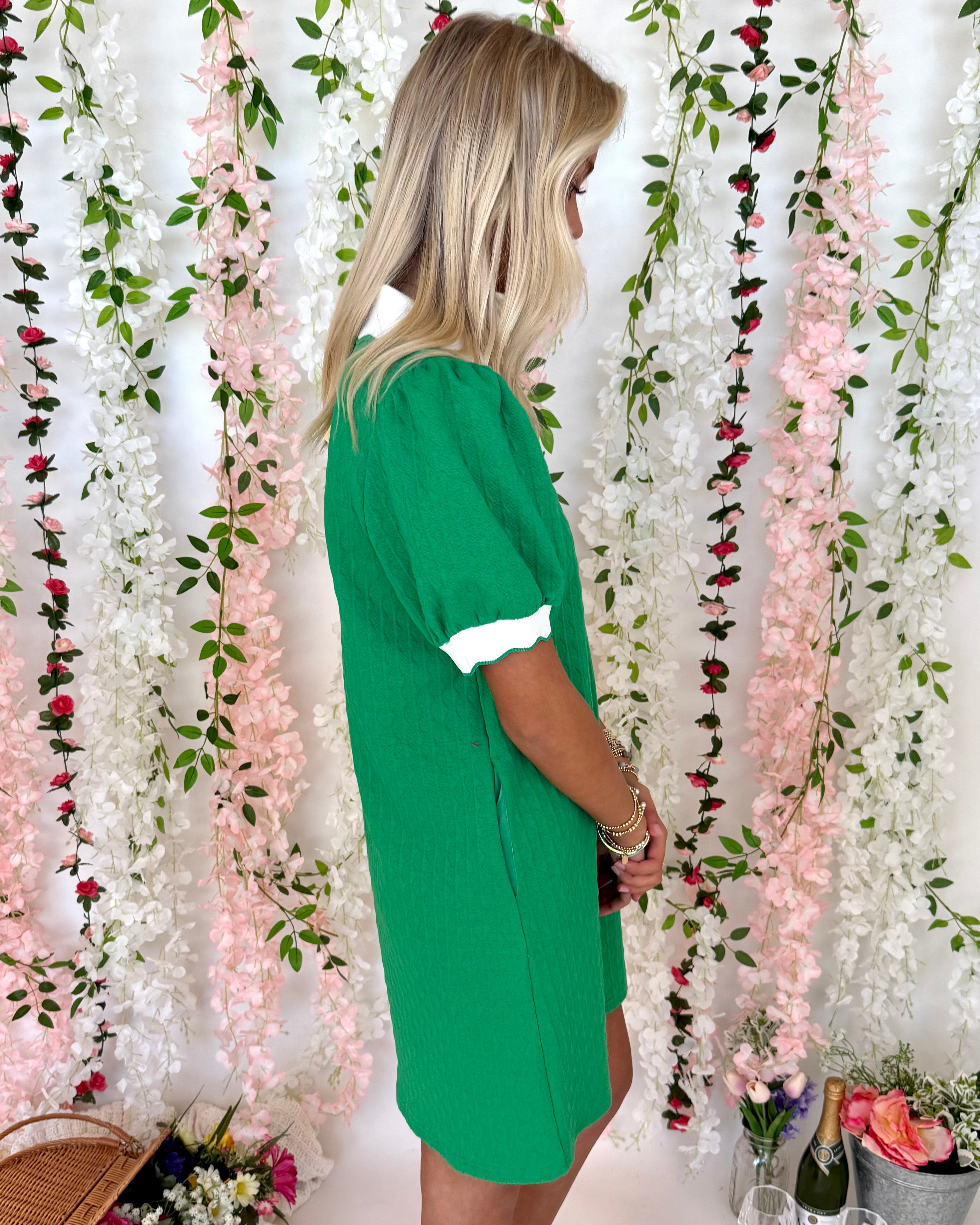 Unbeatable Green Collared Textured Dress-Shop-Womens-Boutique-Clothing