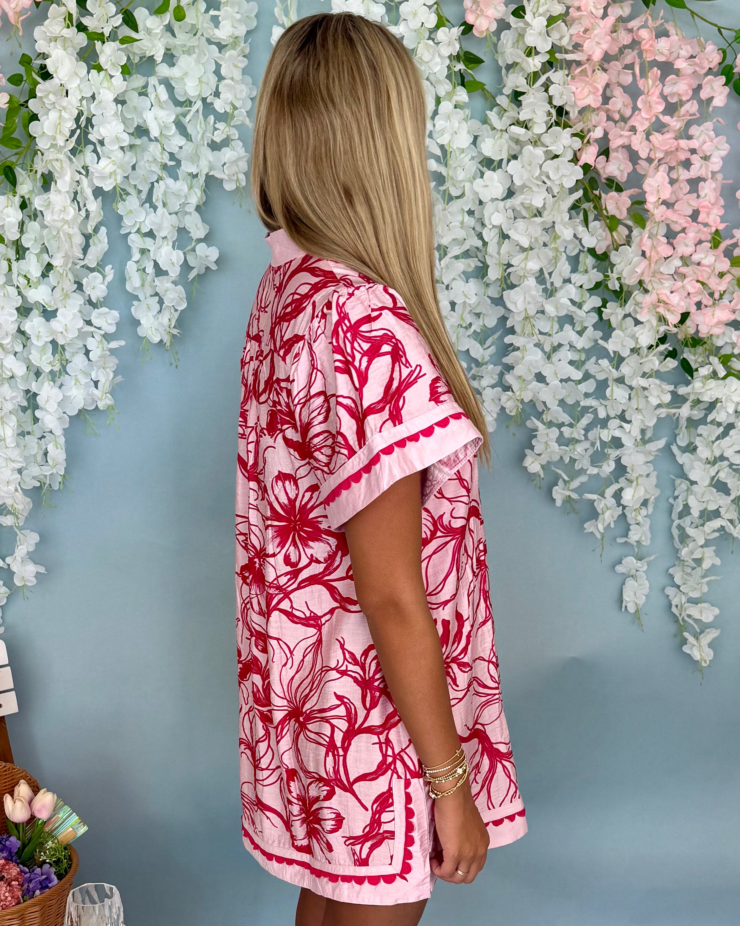 Ocean Views Pink Floral V-Neck Dress-Shop-Womens-Boutique-Clothing