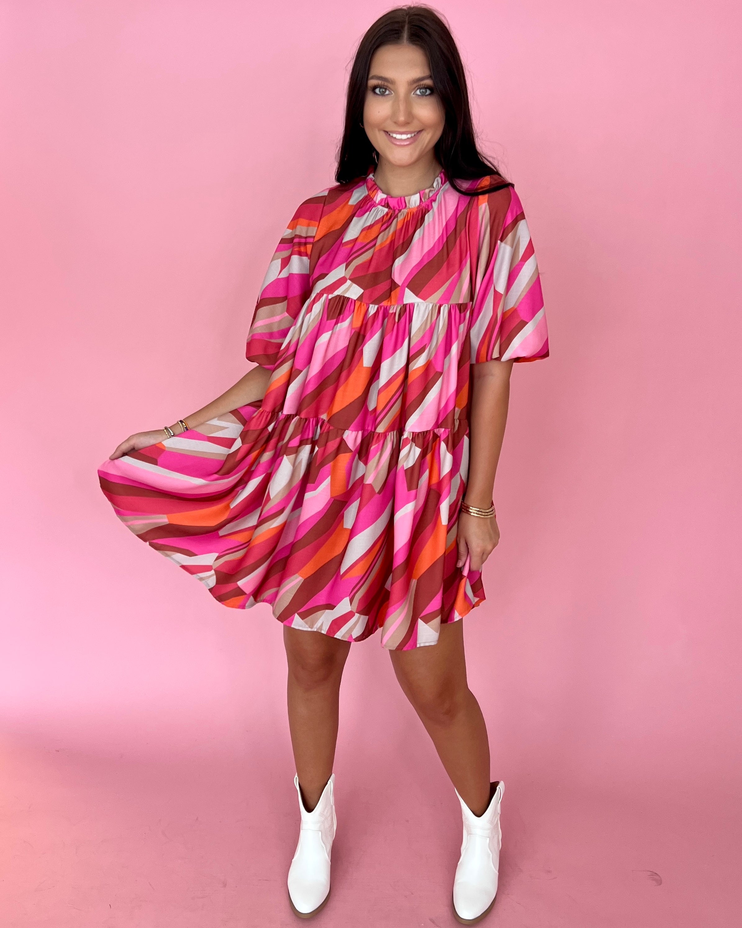 Just A Moment Fuchsia/Orange Geo Print Ruffle Mock Neck Puff Sleeve Dress-Shop-Womens-Boutique-Clothing