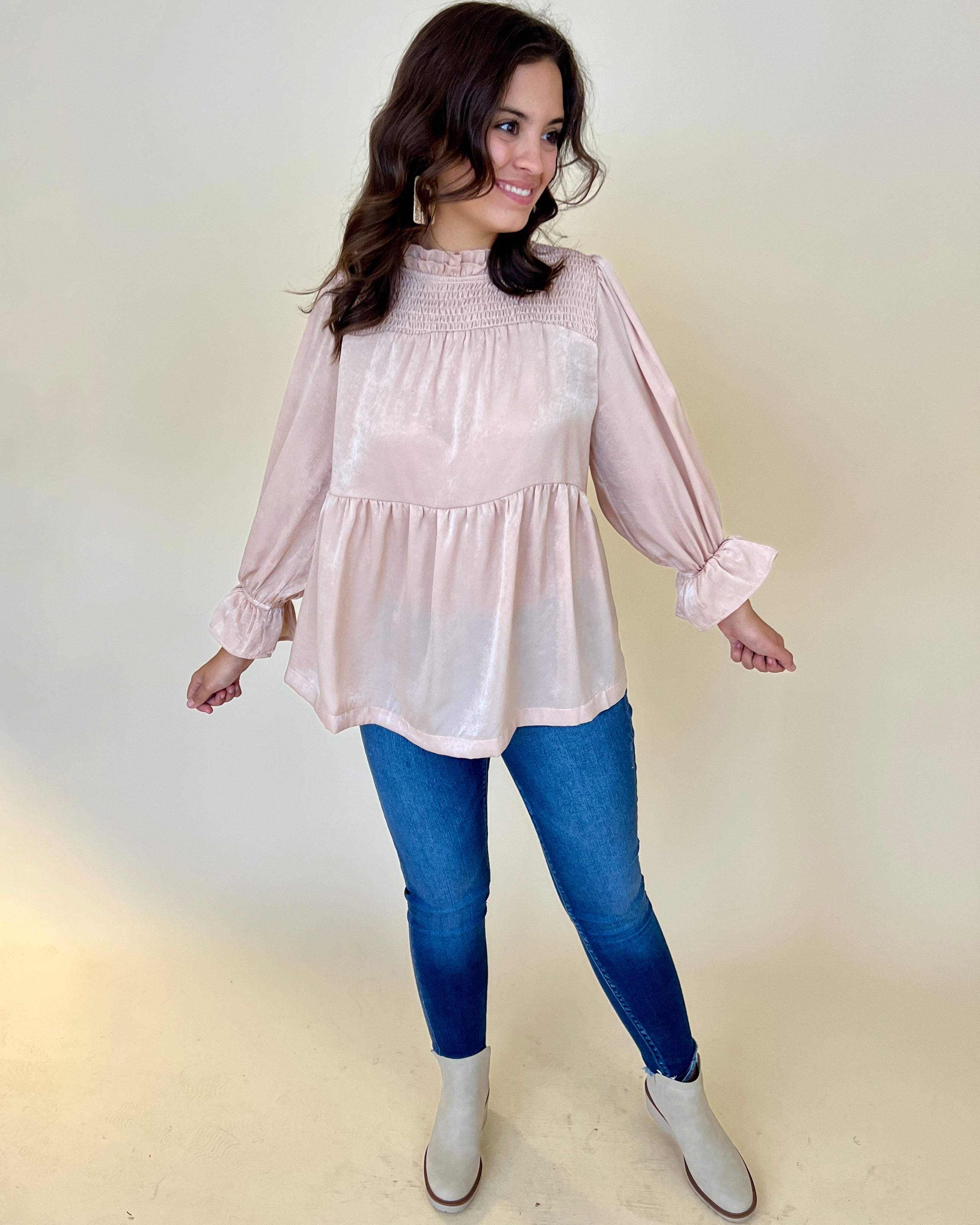 With Me Champagne Satin Smocked Top-Shop-Womens-Boutique-Clothing