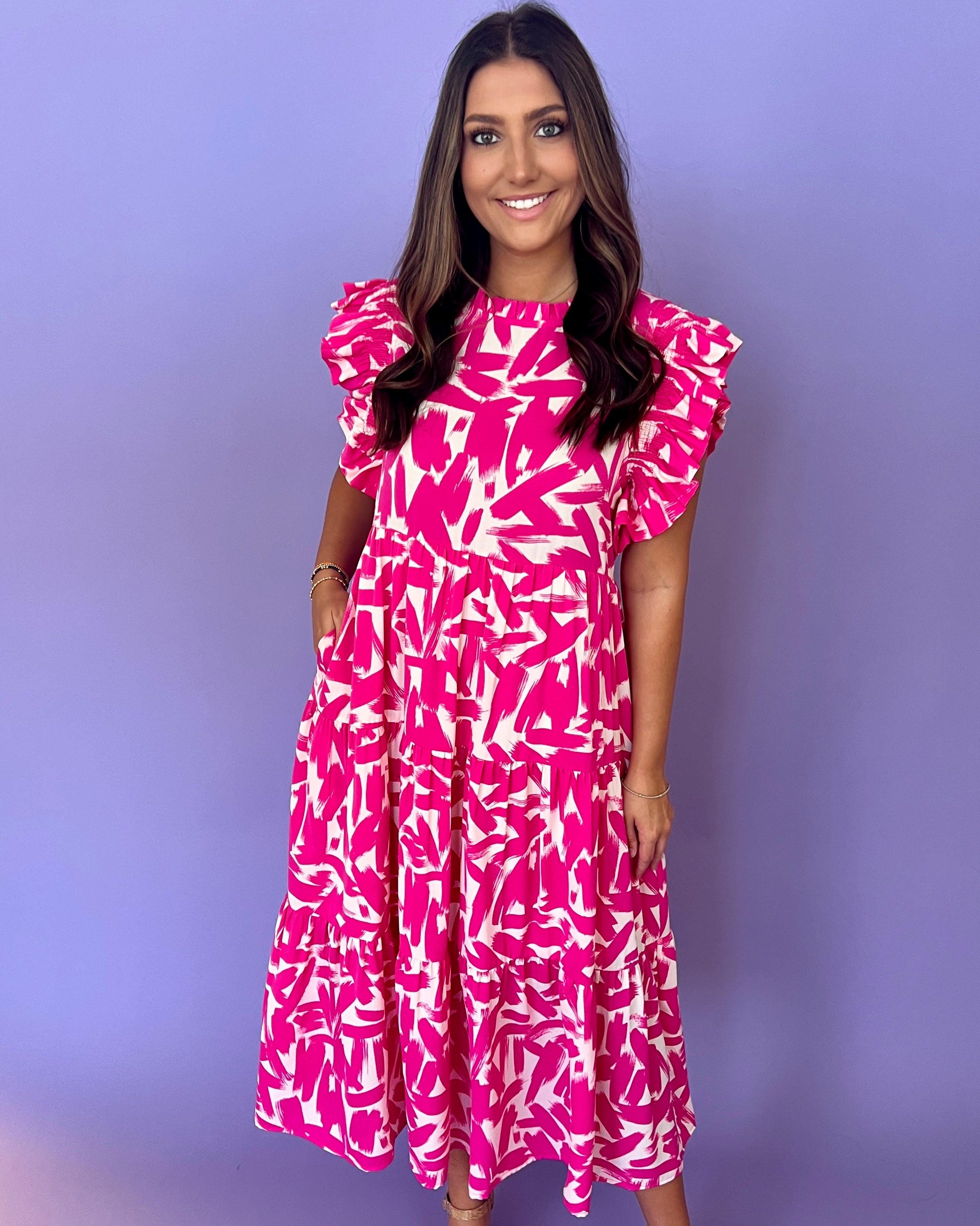 Check Out Pink Printed Midi Dress-Shop-Womens-Boutique-Clothing