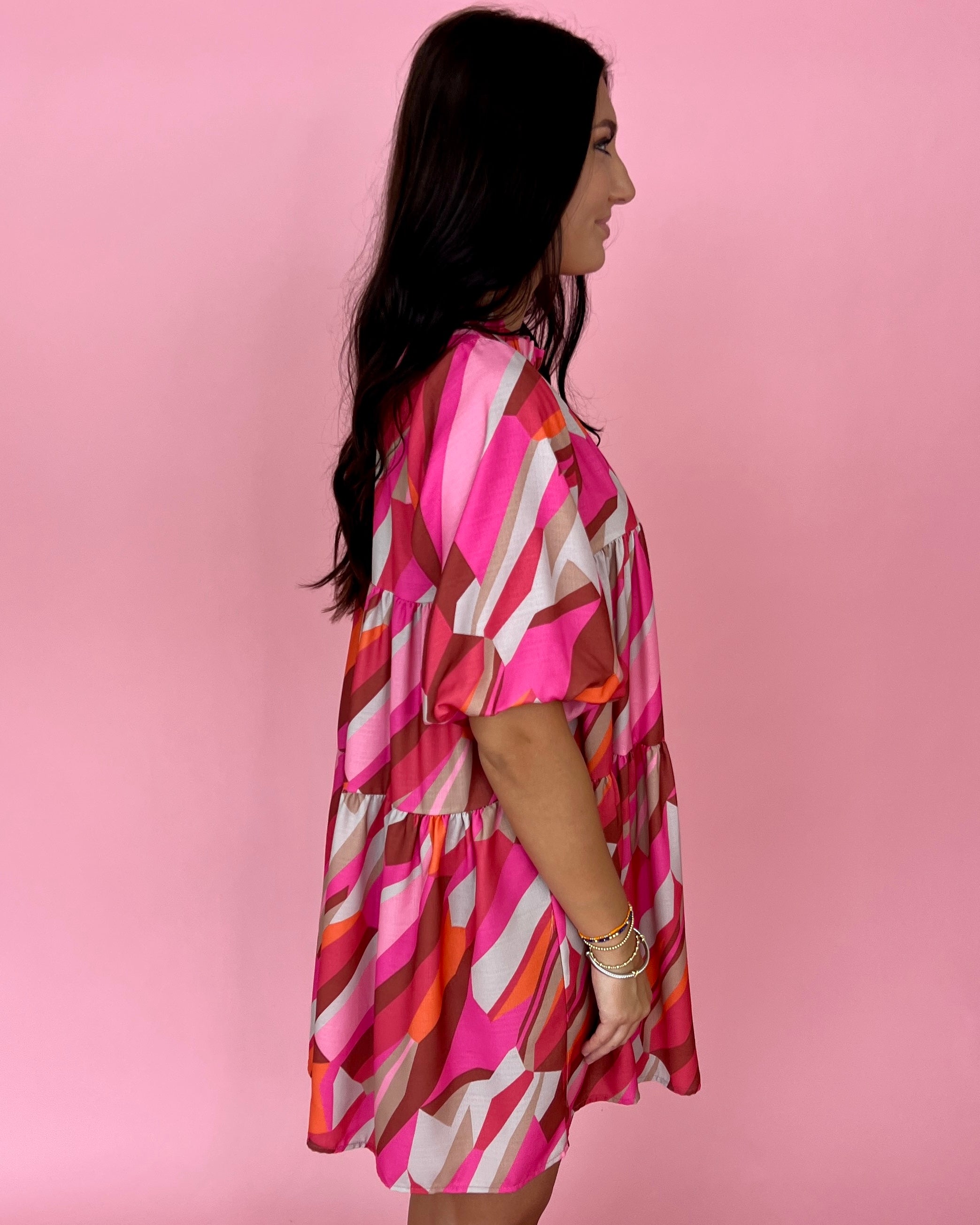 Just A Moment Fuchsia/Orange Geo Print Ruffle Dress-Shop-Womens-Boutique-Clothing