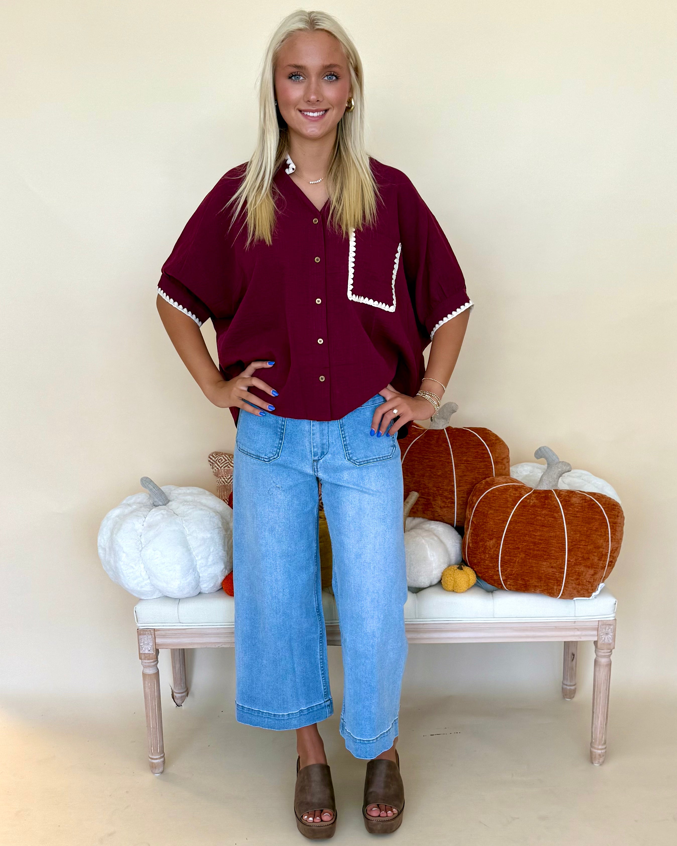 Coll Contrast Burgundy Embroidered Stitch Top-Shop-Womens-Boutique-Clothing