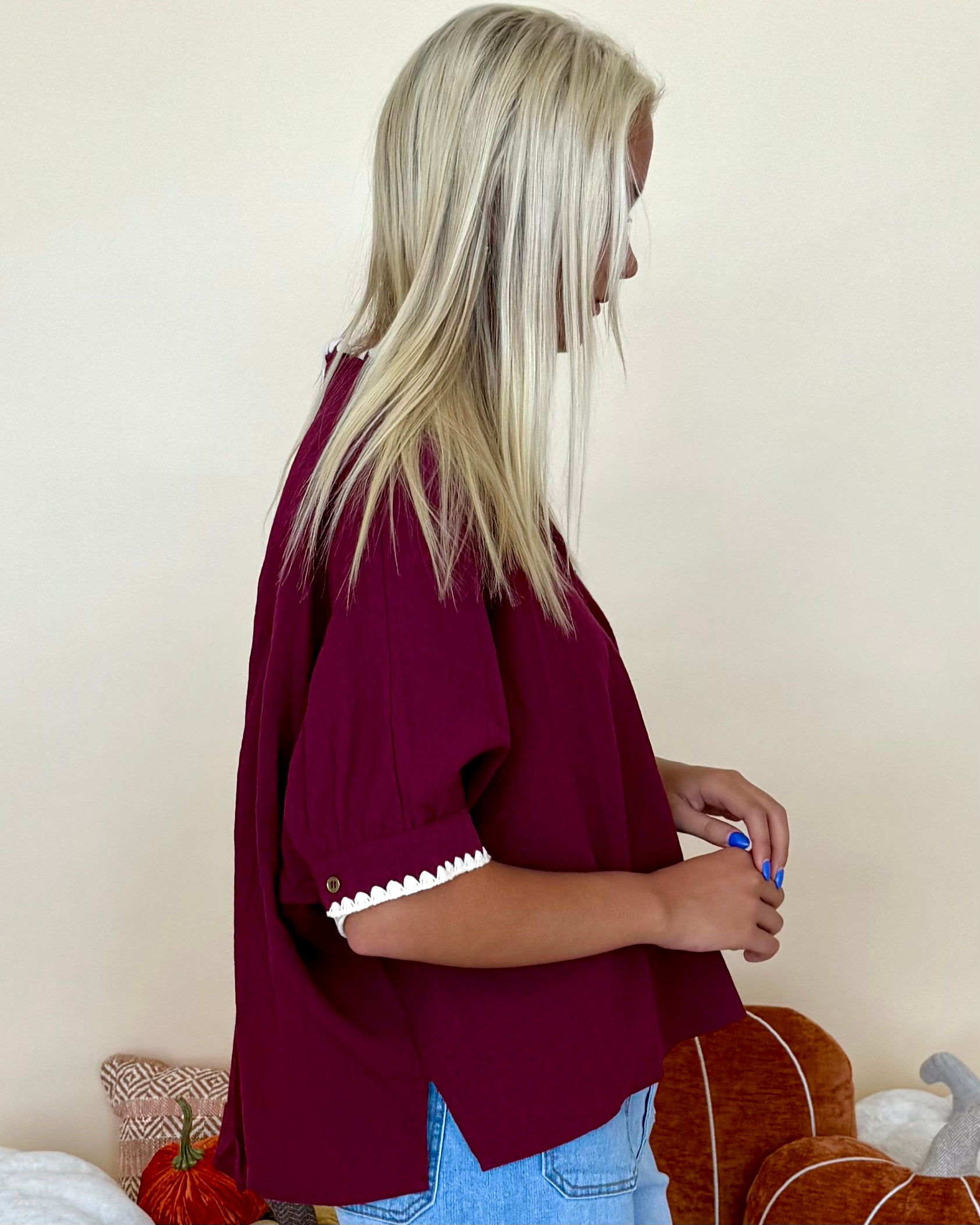 Coll Contrast Burgundy Embroidered Stitch Top-Shop-Womens-Boutique-Clothing