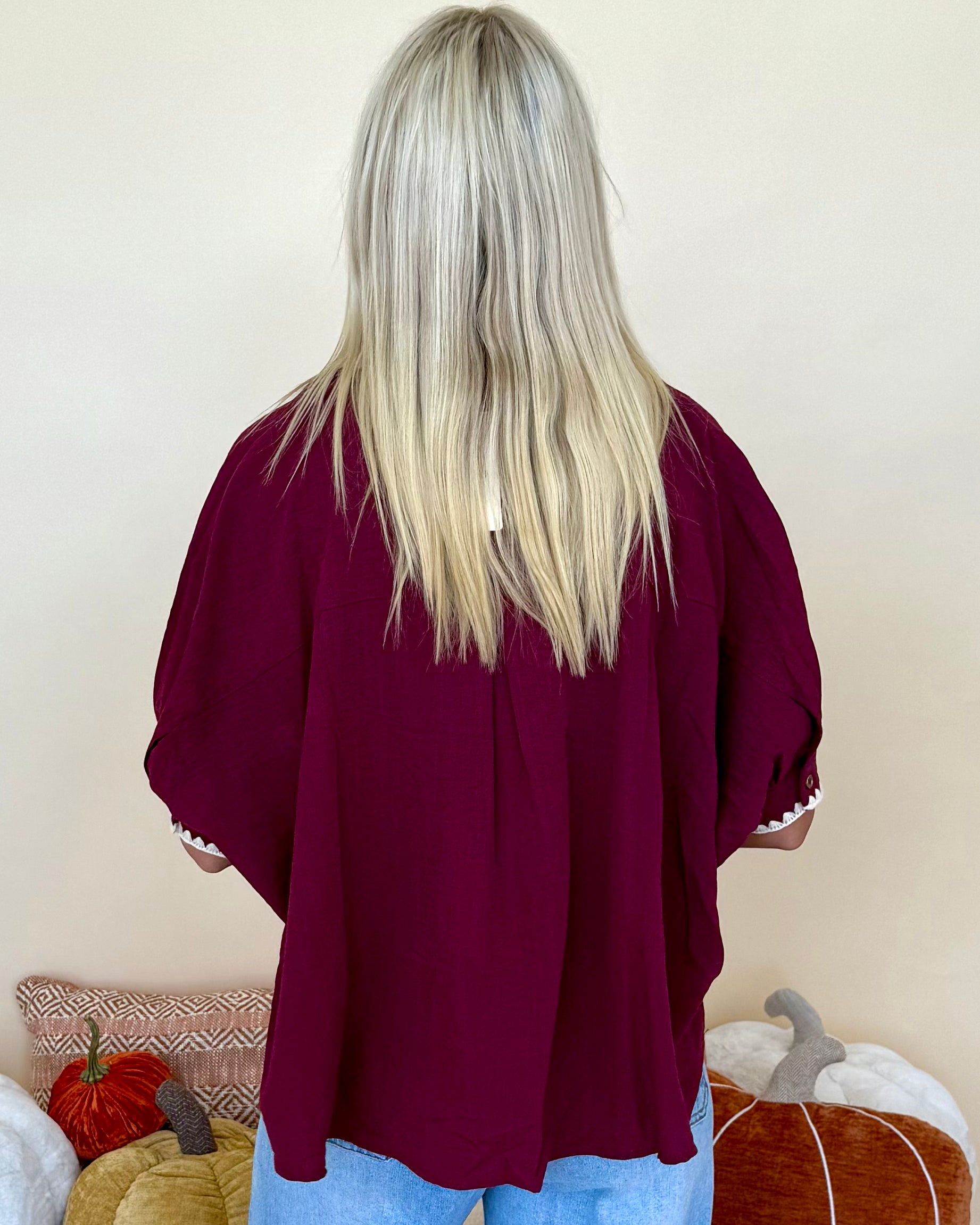 Coll Contrast Burgundy Embroidered Stitch Top-Shop-Womens-Boutique-Clothing