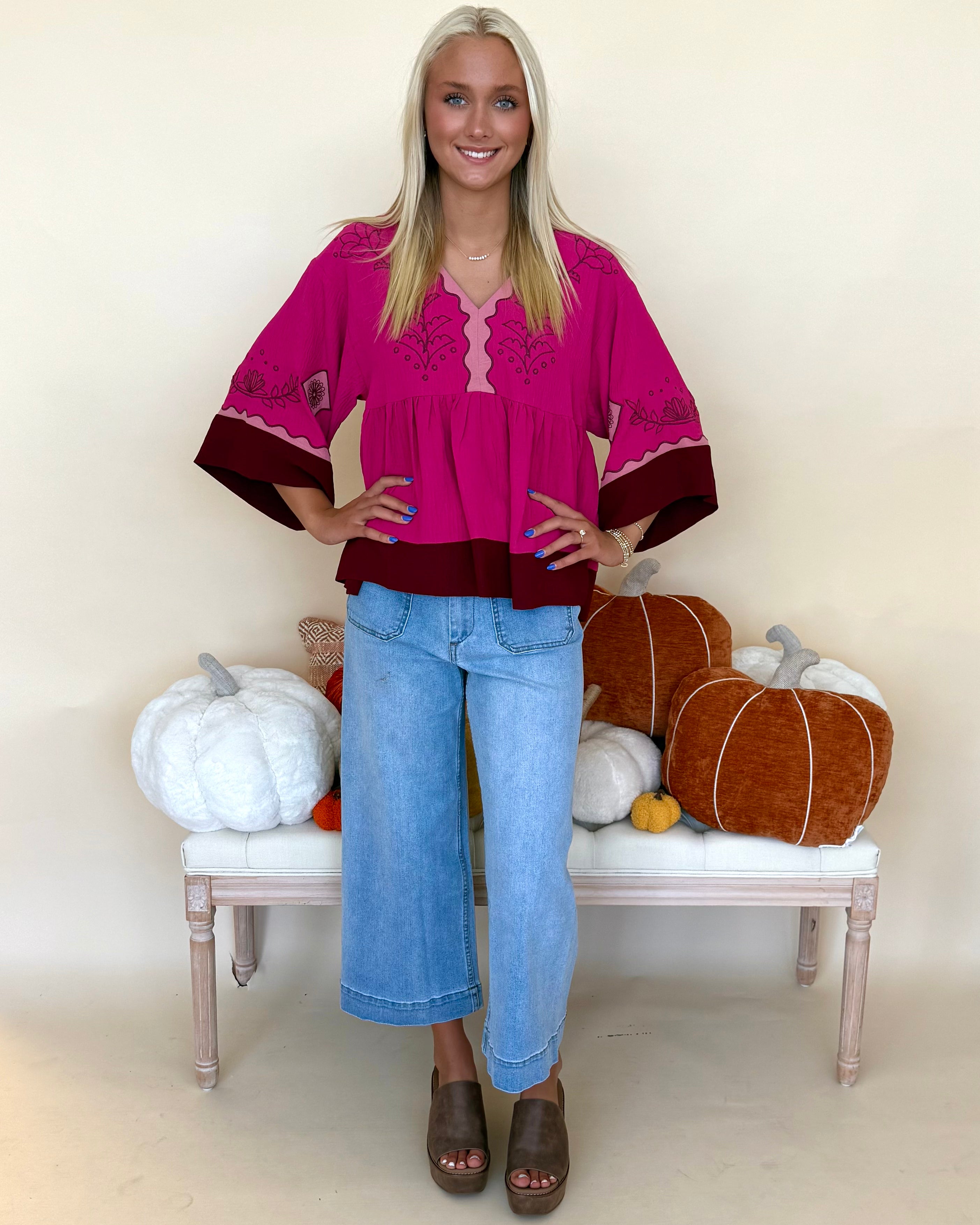 Staying Hopeful Fuchsia Embroidered Contrast Top-Shop-Womens-Boutique-Clothing