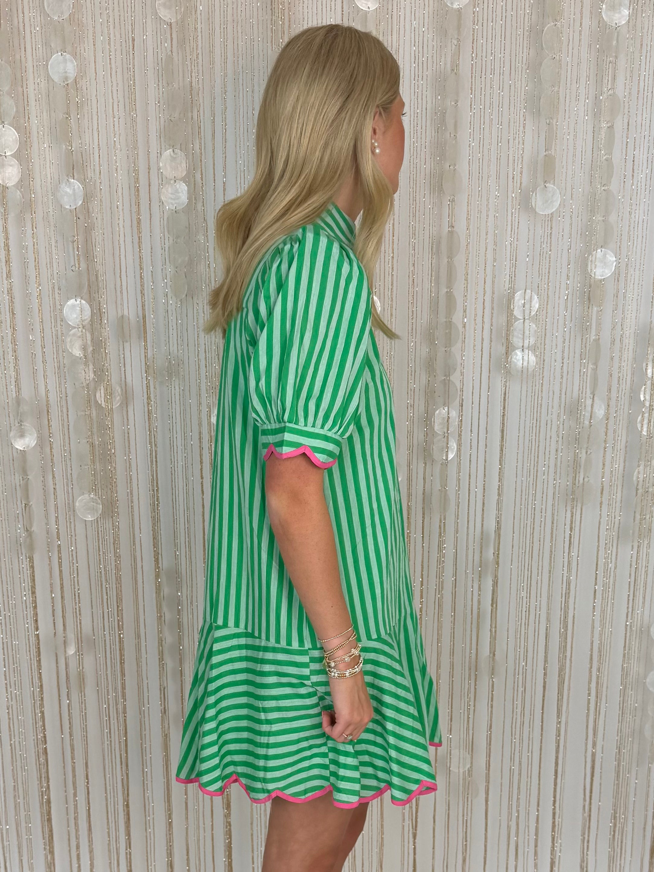 On the Daily Green Striped Puff Sleeve Dress-Shop-Womens-Boutique-Clothing