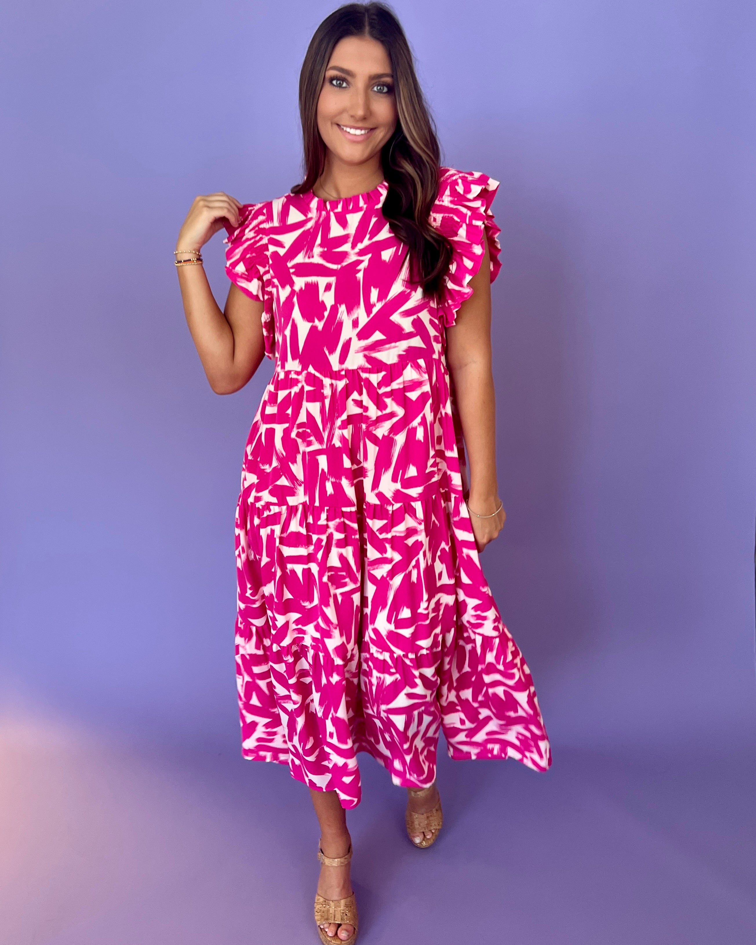 Check Out Pink Printed Midi Dress-Shop-Womens-Boutique-Clothing