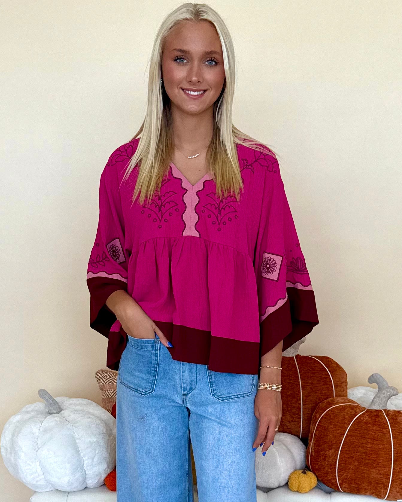 Staying Hopeful Fuchsia Embroidered Contrast Top-Shop-Womens-Boutique-Clothing