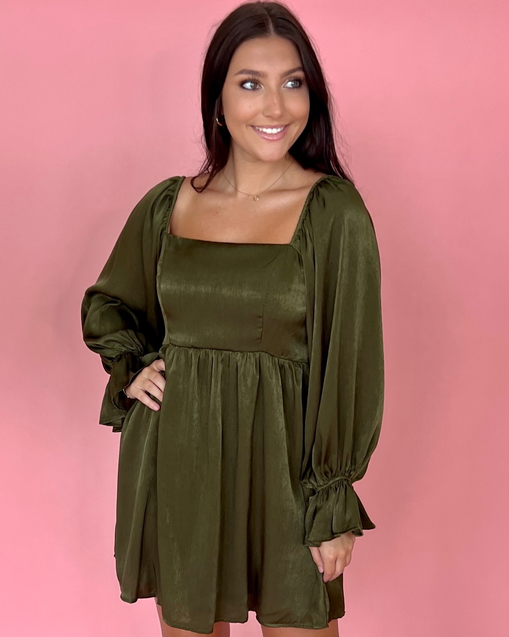 Always Be Near Olive Satin Dress-Shop-Womens-Boutique-Clothing