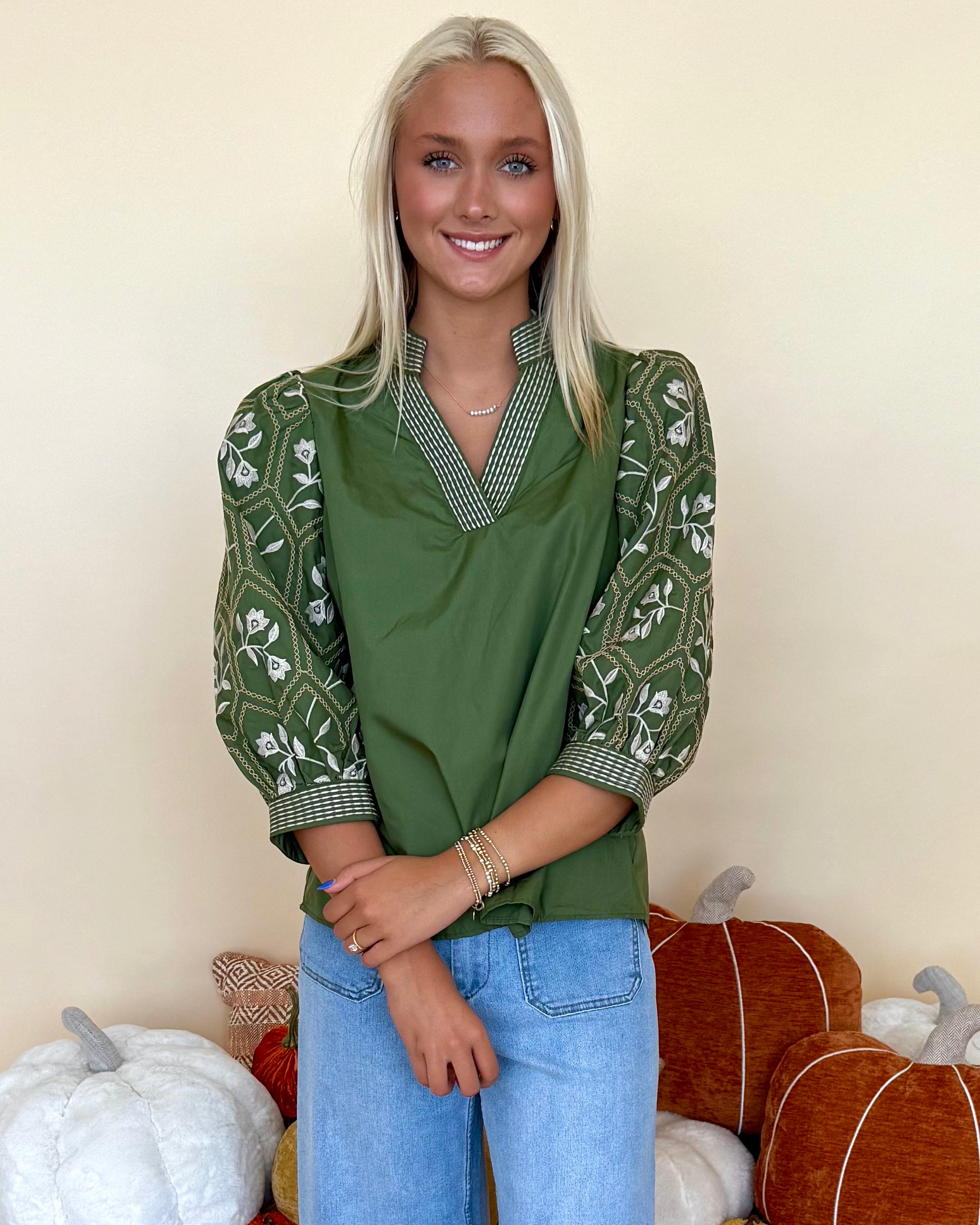 Vineyard Affair Olive Floral Embroidered Top-Shop-Womens-Boutique-Clothing