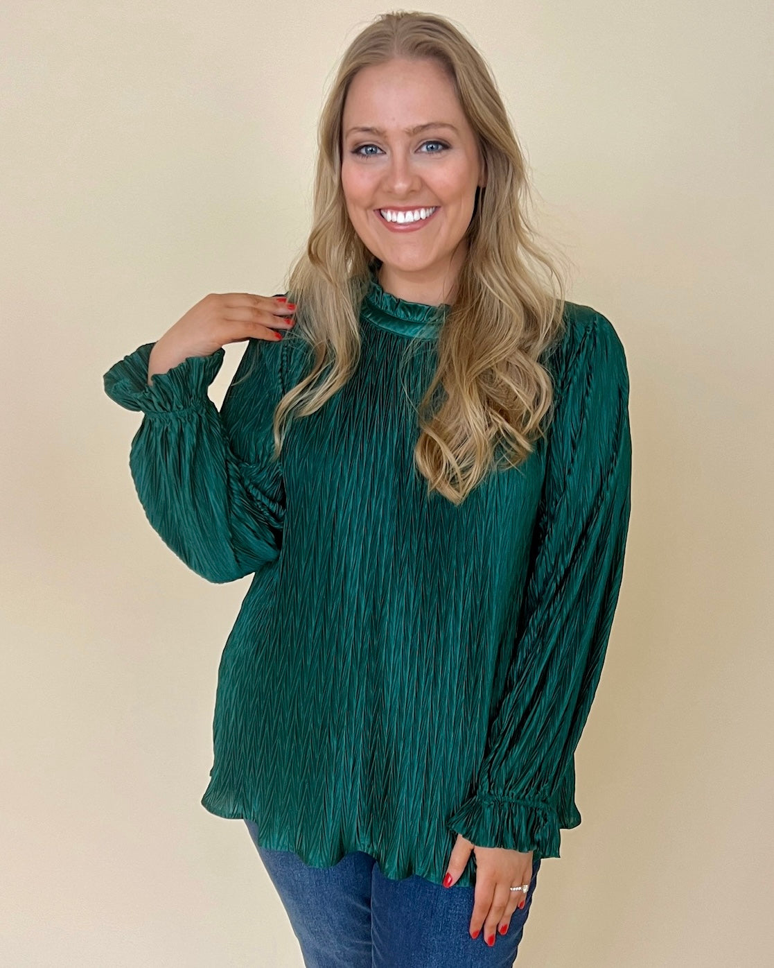 So Blissful Hunter Green Plus Pleated Satin Top-Shop-Womens-Boutique-Clothing
