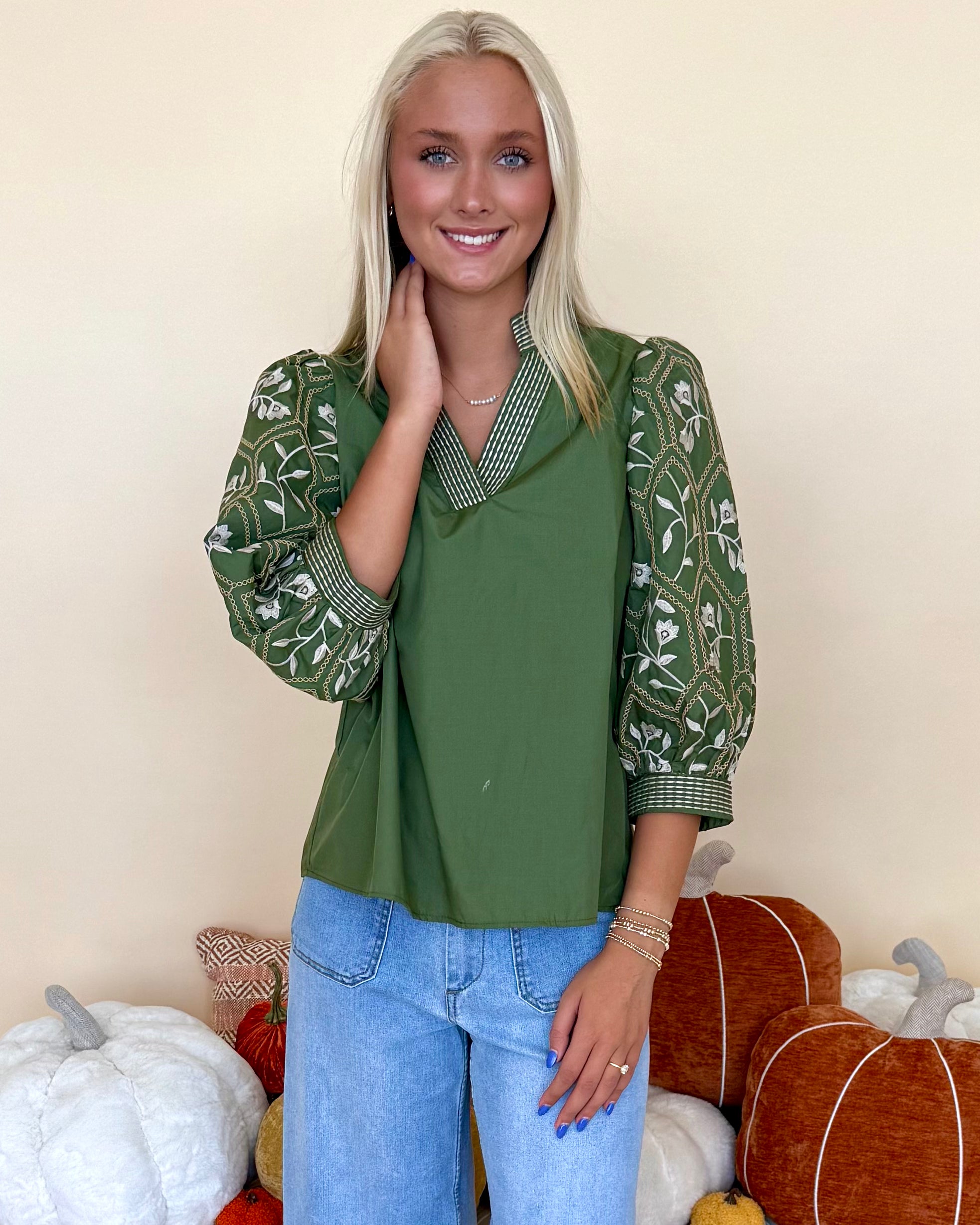 Vineyard Affair Olive Floral Embroidered Top-Shop-Womens-Boutique-Clothing