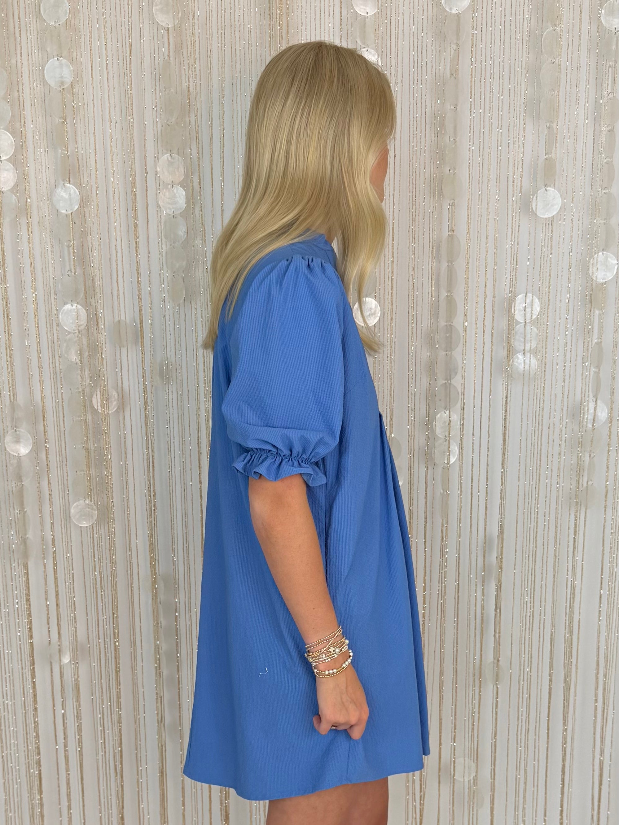 Sunlit Dusty Blue Puff Sleeve Dress-Shop-Womens-Boutique-Clothing