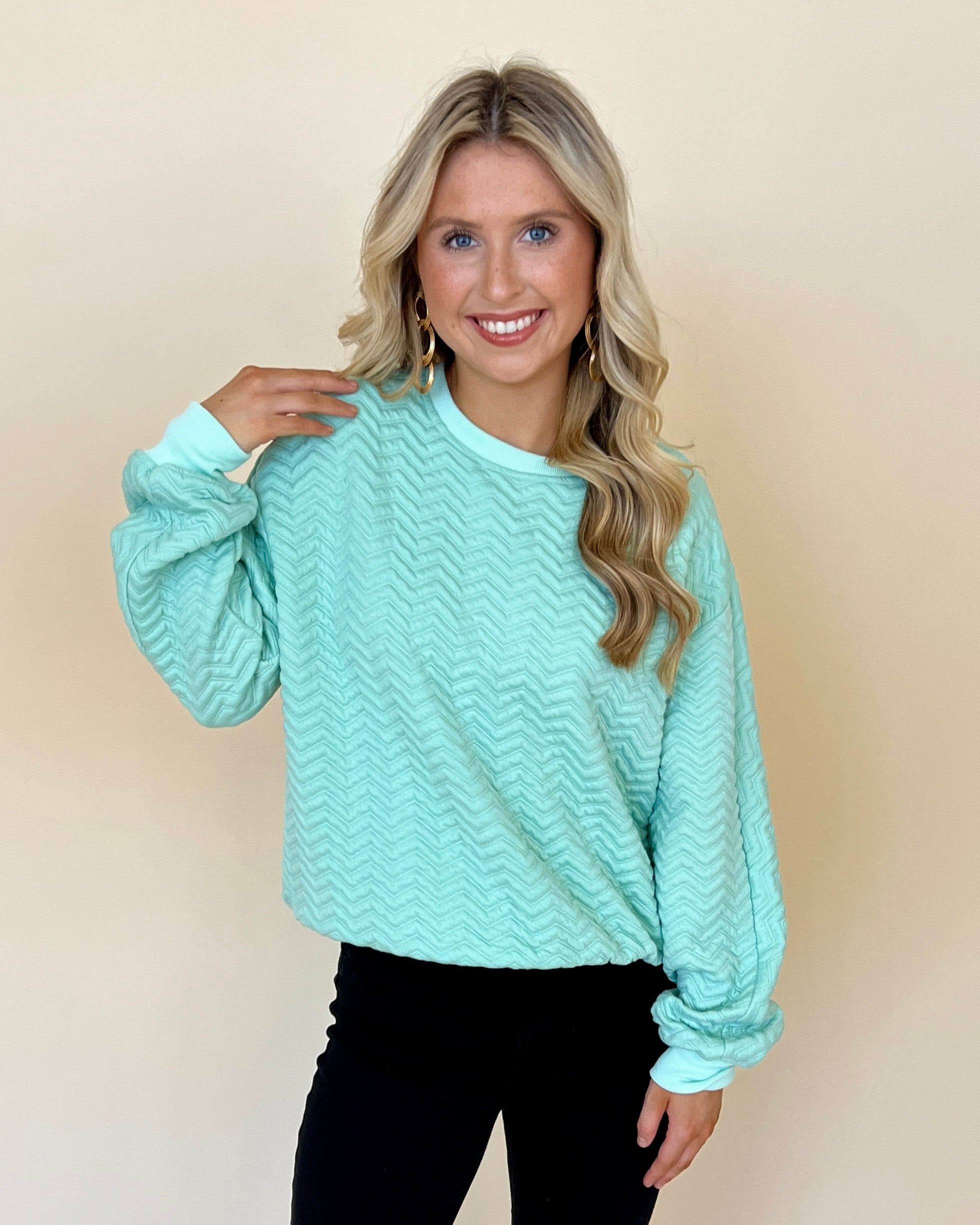 Easily Impressed Mint Blue Chevron Textured Top-Shop-Womens-Boutique-Clothing