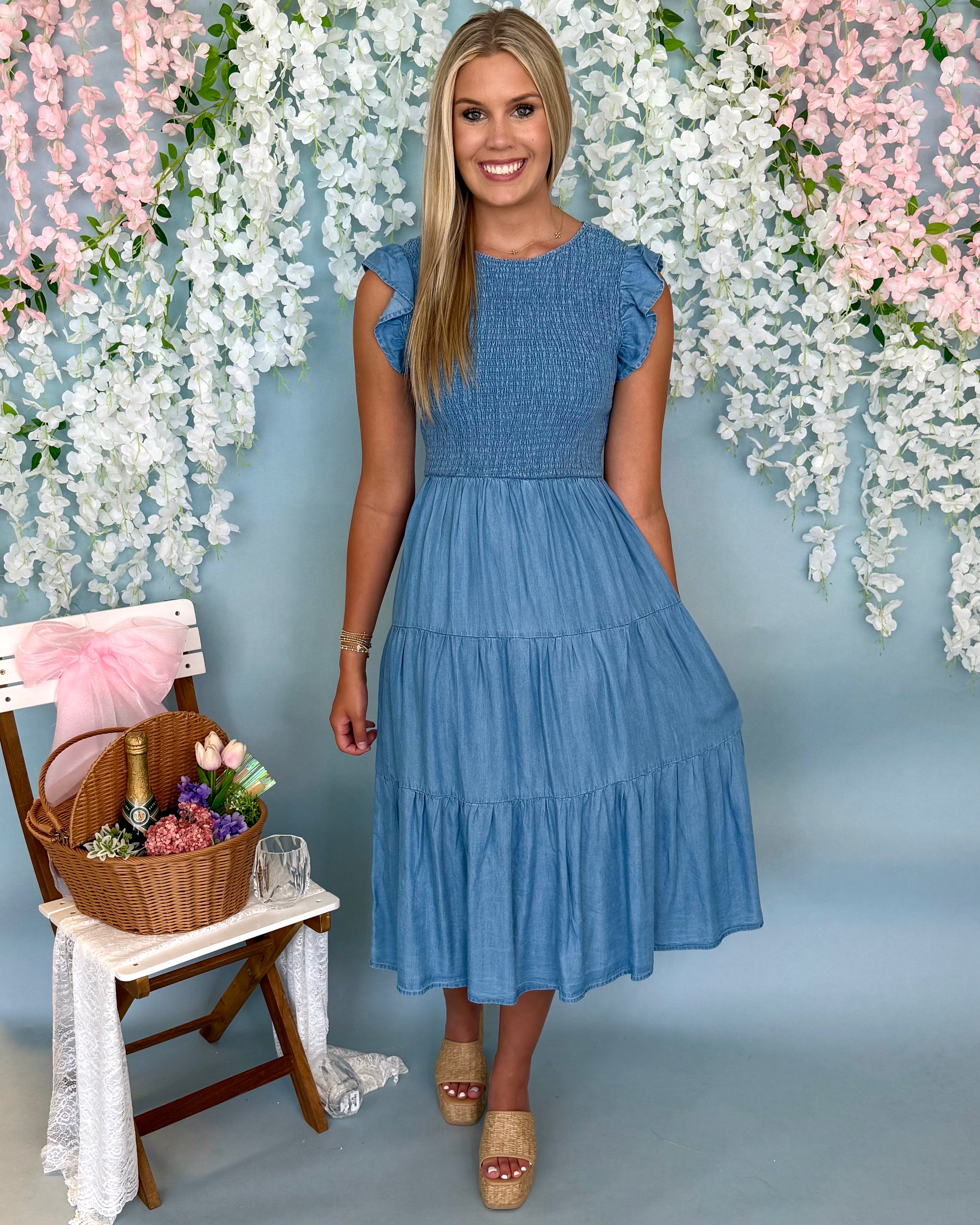 Moonlit Way Chambray Ruffle Dress-Shop-Womens-Boutique-Clothing