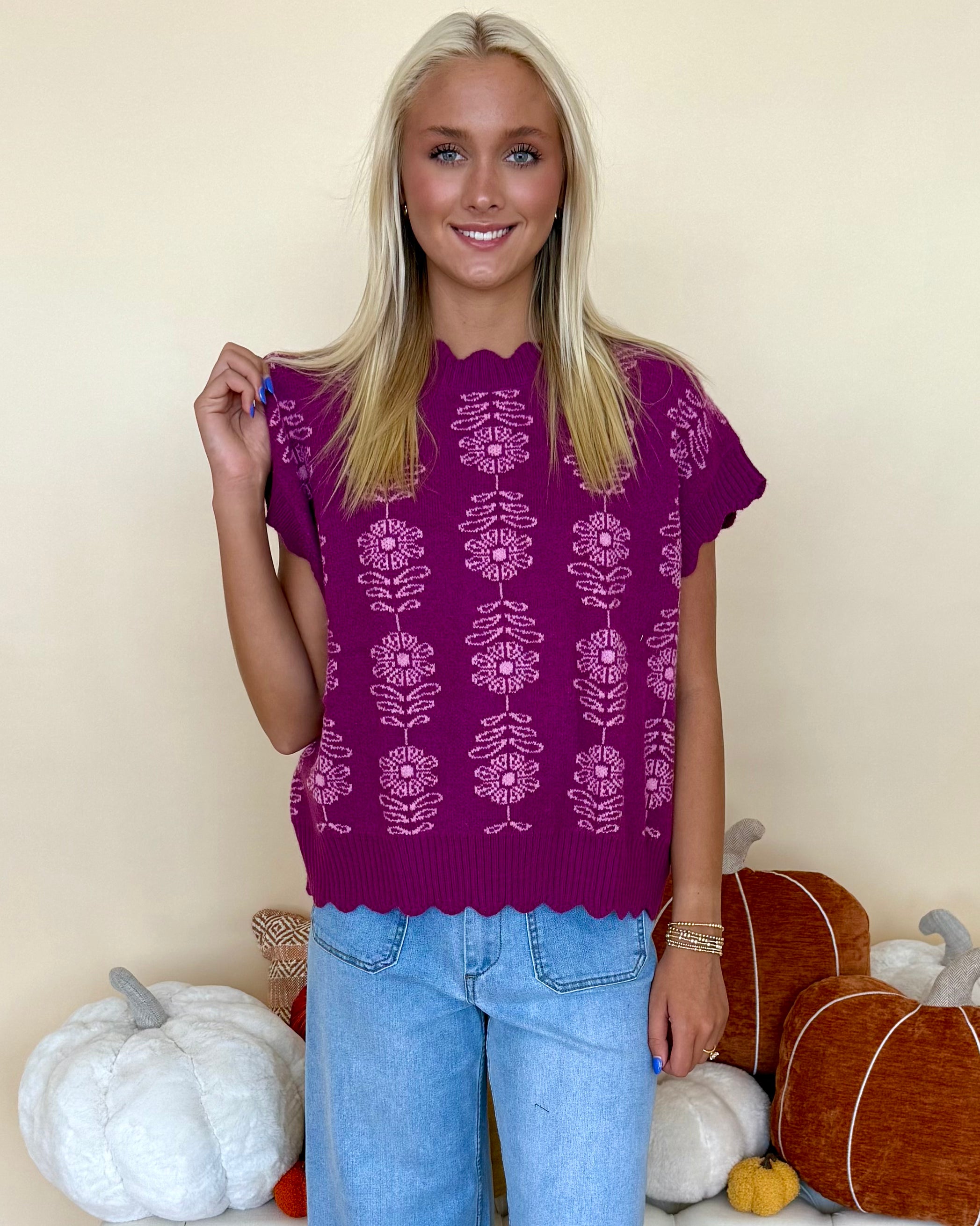 Never Out Berry Floral Sweater Vest-Shop-Womens-Boutique-Clothing