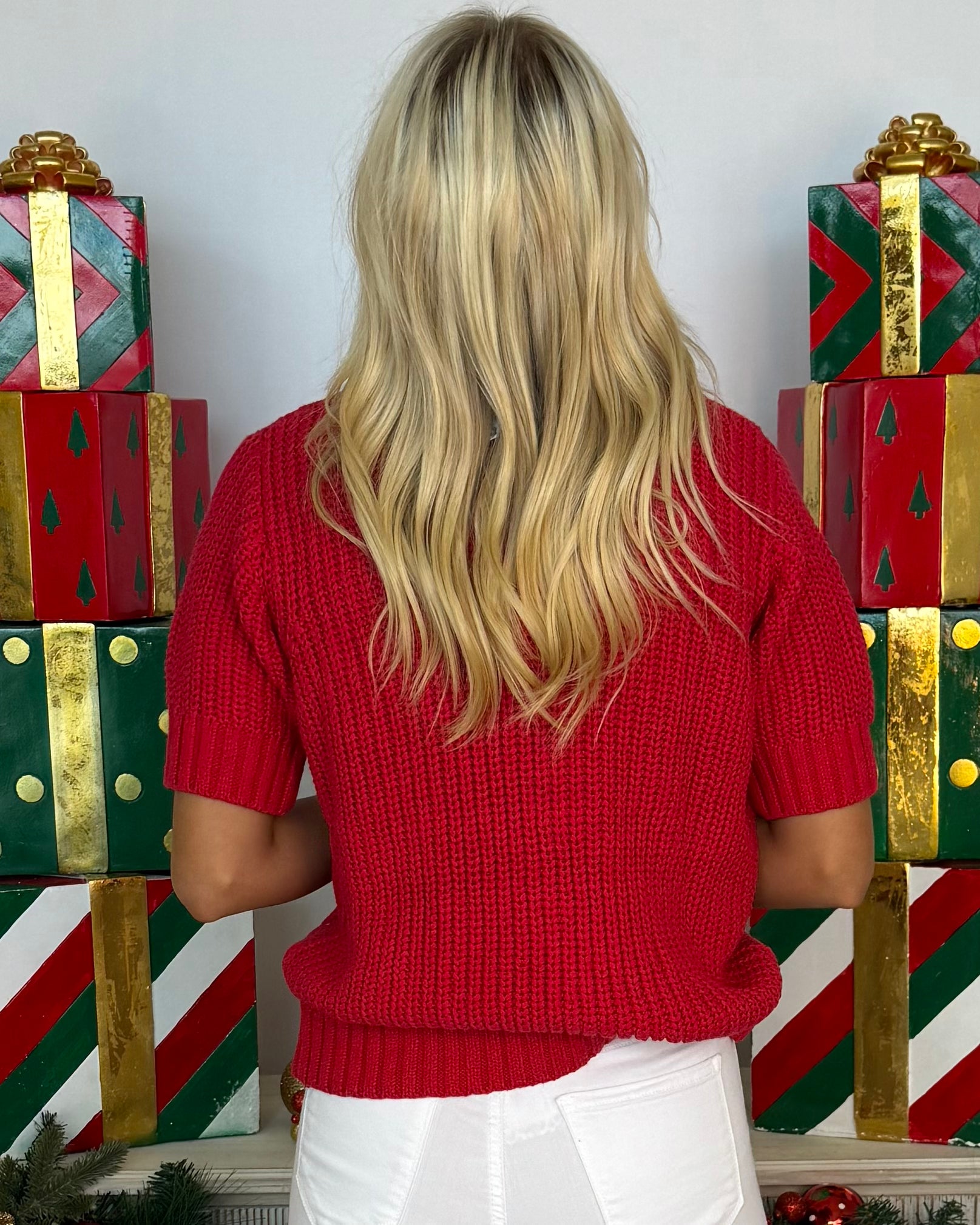 Feeling Festive Red Plaid Bow Knit Sweater-Shop-Womens-Boutique-Clothing