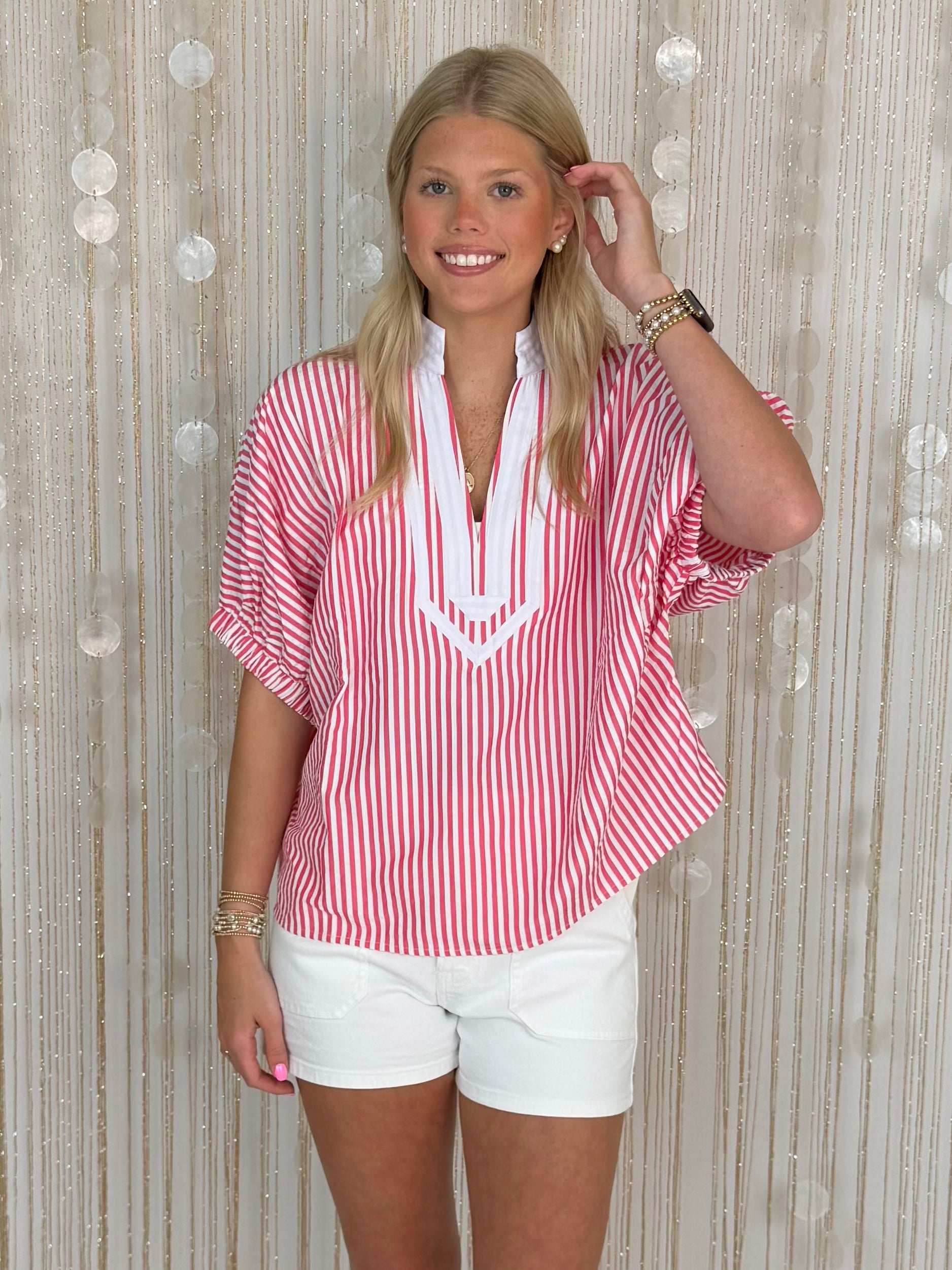 Event Ready Pink Striped Split Neck Top-Shop-Womens-Boutique-Clothing
