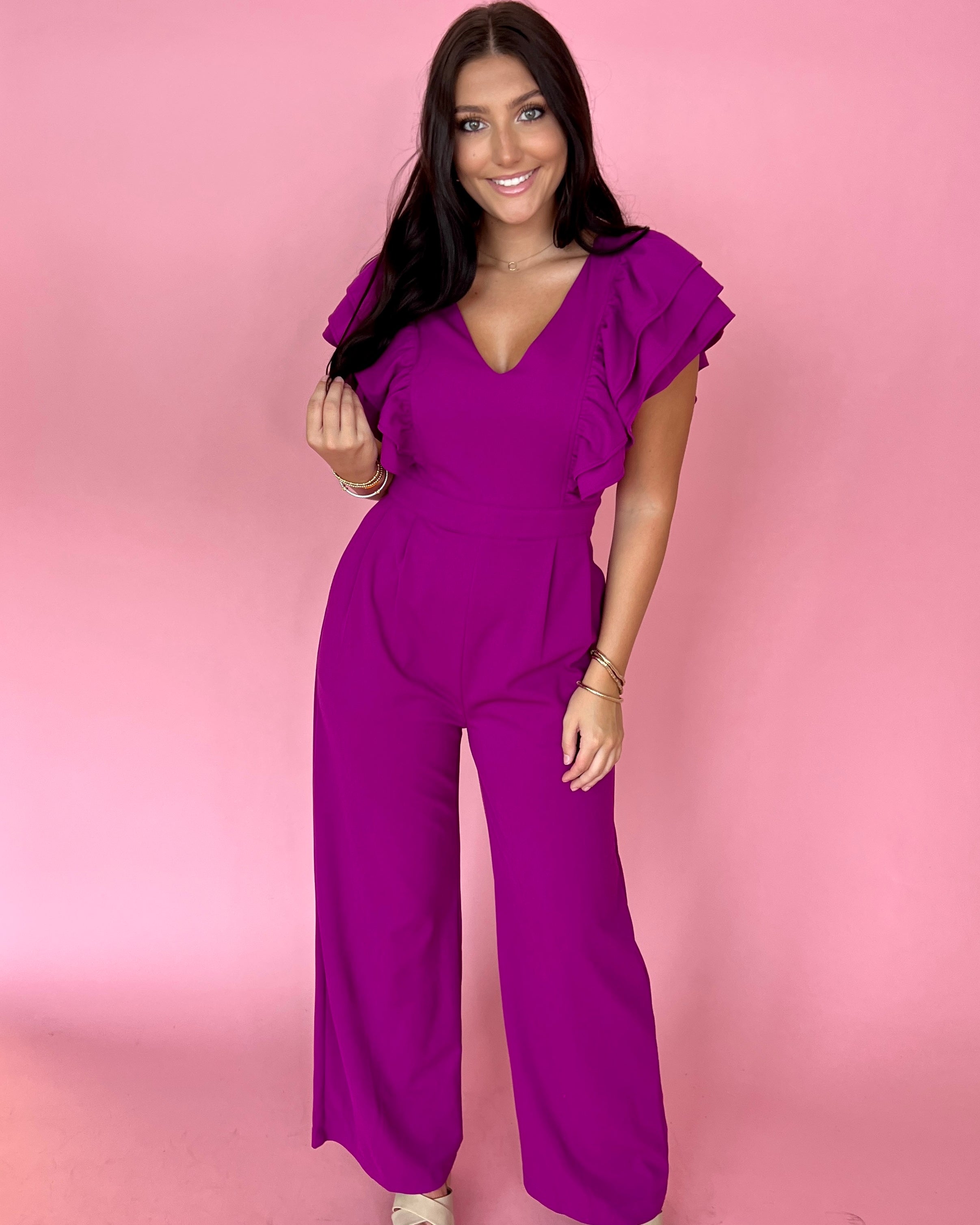 It's All You Violet V-neck Ruffle Sleeve Jumpsuit-Shop-Womens-Boutique-Clothing