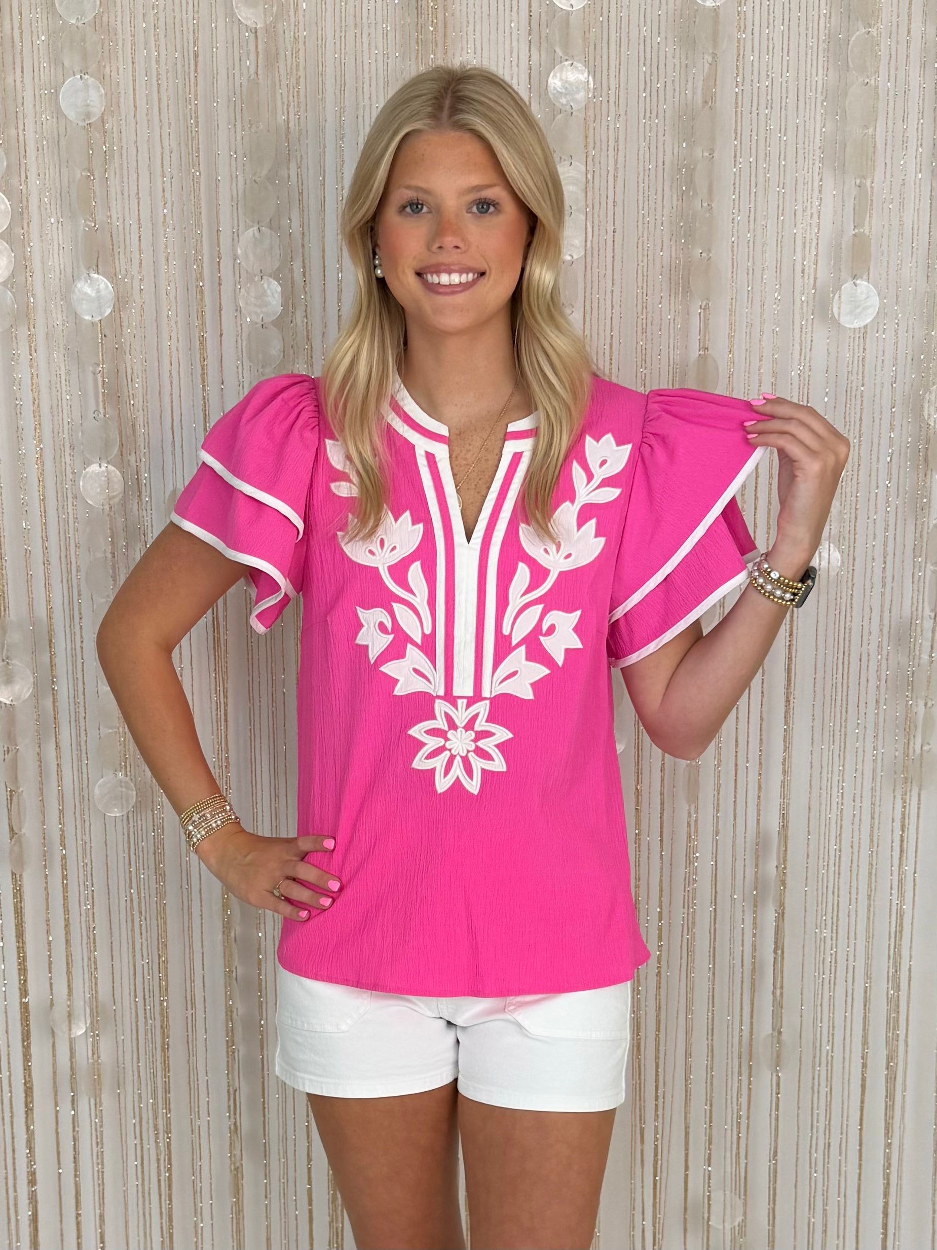 Tide Time Hot Pink Front Applique Flutter Sleeve Top-Shop-Womens-Boutique-Clothing