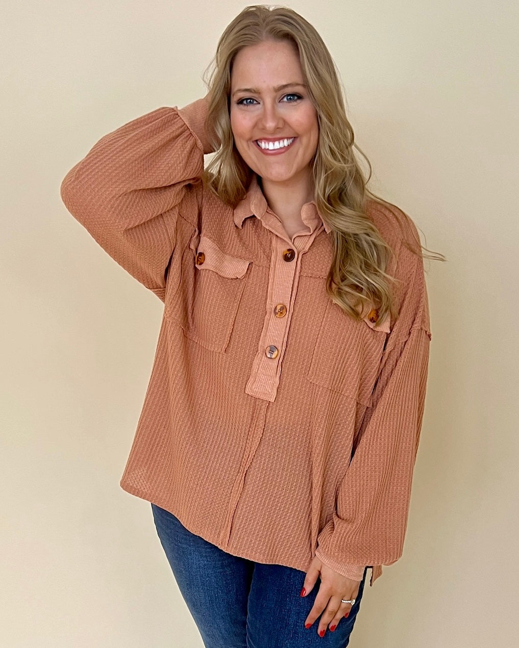 To The Top Pecan Plus Waffle Knit Top-Shop-Womens-Boutique-Clothing