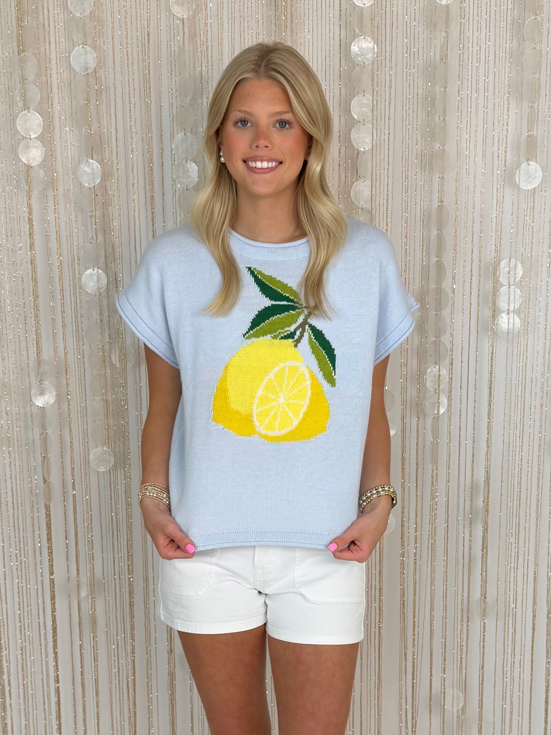 Right on Beat Lt Blue Lemon SS Knit Sweater-Shop-Womens-Boutique-Clothing