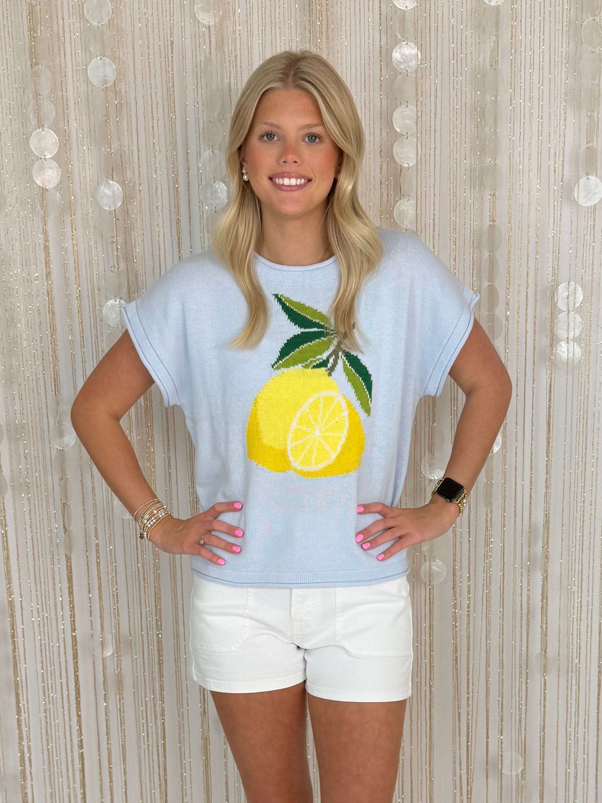 Right on Beat Lt Blue Lemon SS Knit Sweater-Shop-Womens-Boutique-Clothing