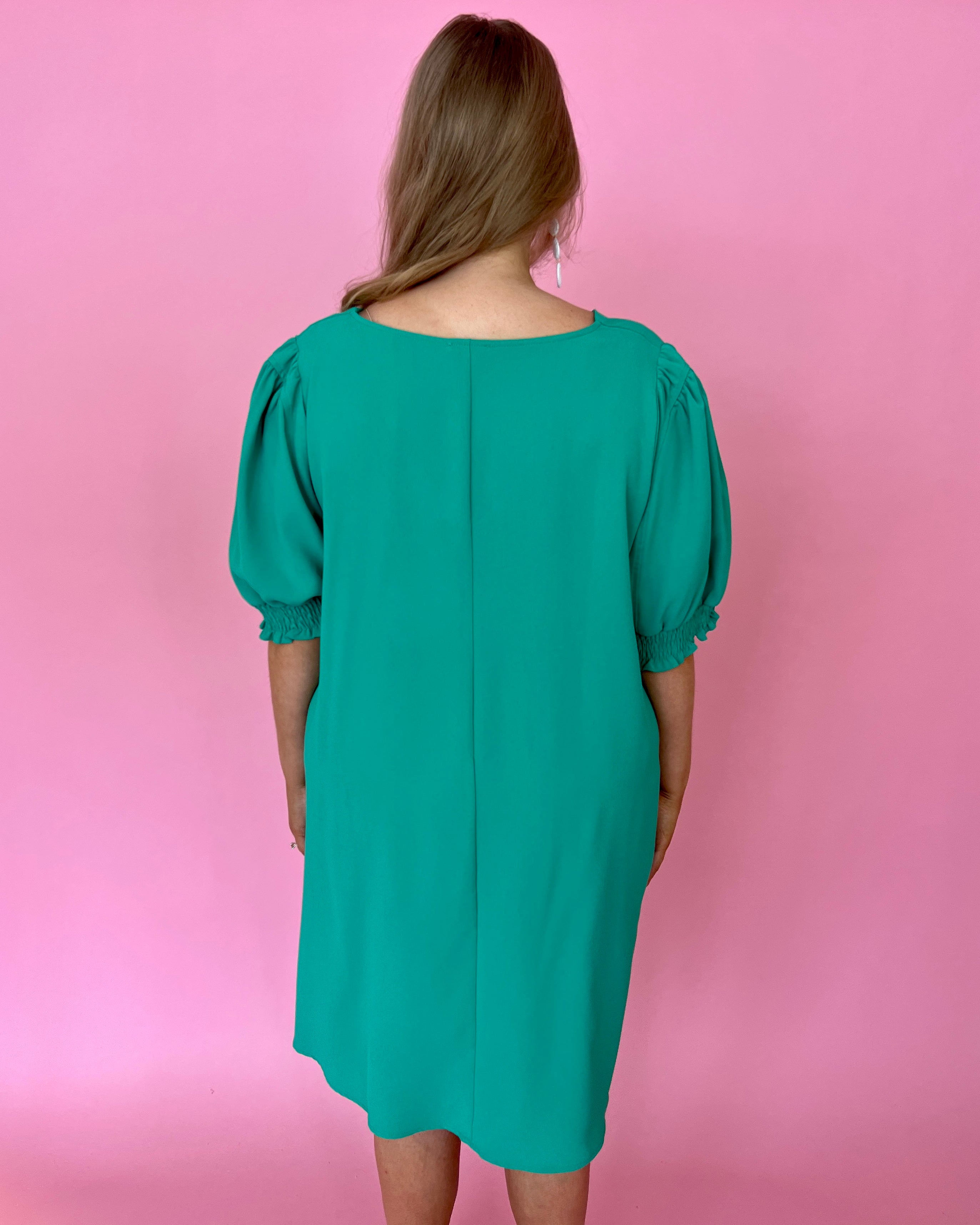 Looking Good Emerald Plus V-neck Puff Sleeve Dress-Shop-Womens-Boutique-Clothing