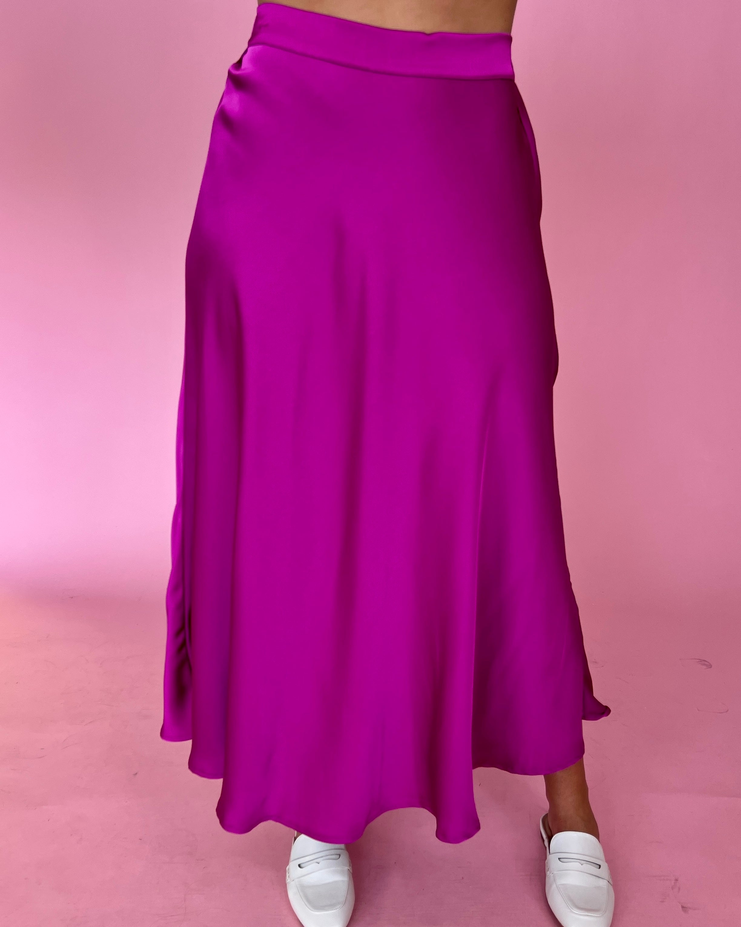 Who Knows Magenta Satin High Waist Maxi Skirt-Shop-Womens-Boutique-Clothing