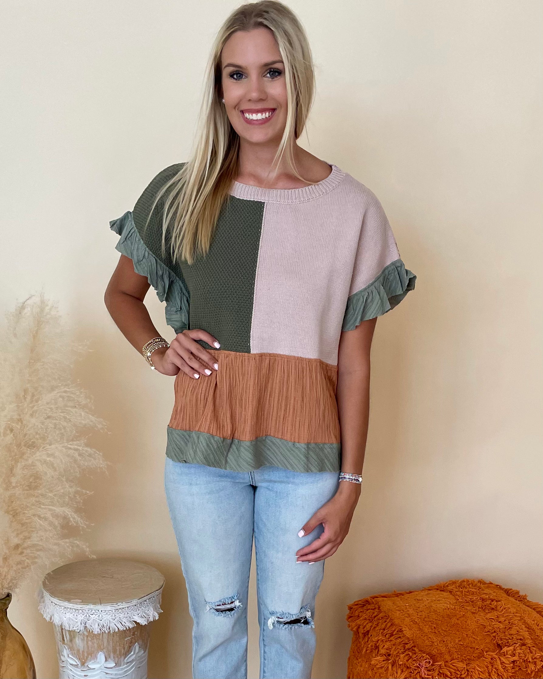 All Yours Olive Patchwork Top-Shop-Womens-Boutique-Clothing