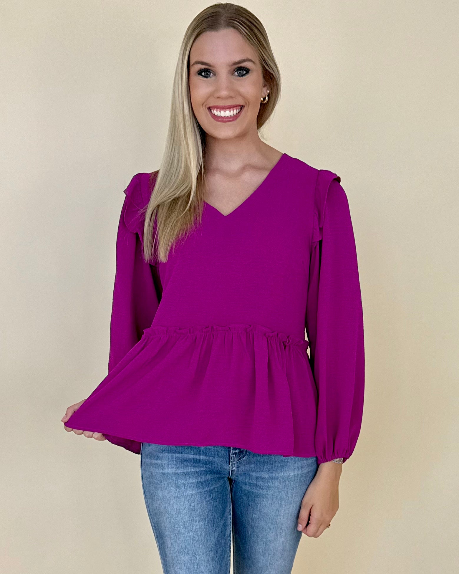 In Theory Magenta Peplum Top-Shop-Womens-Boutique-Clothing