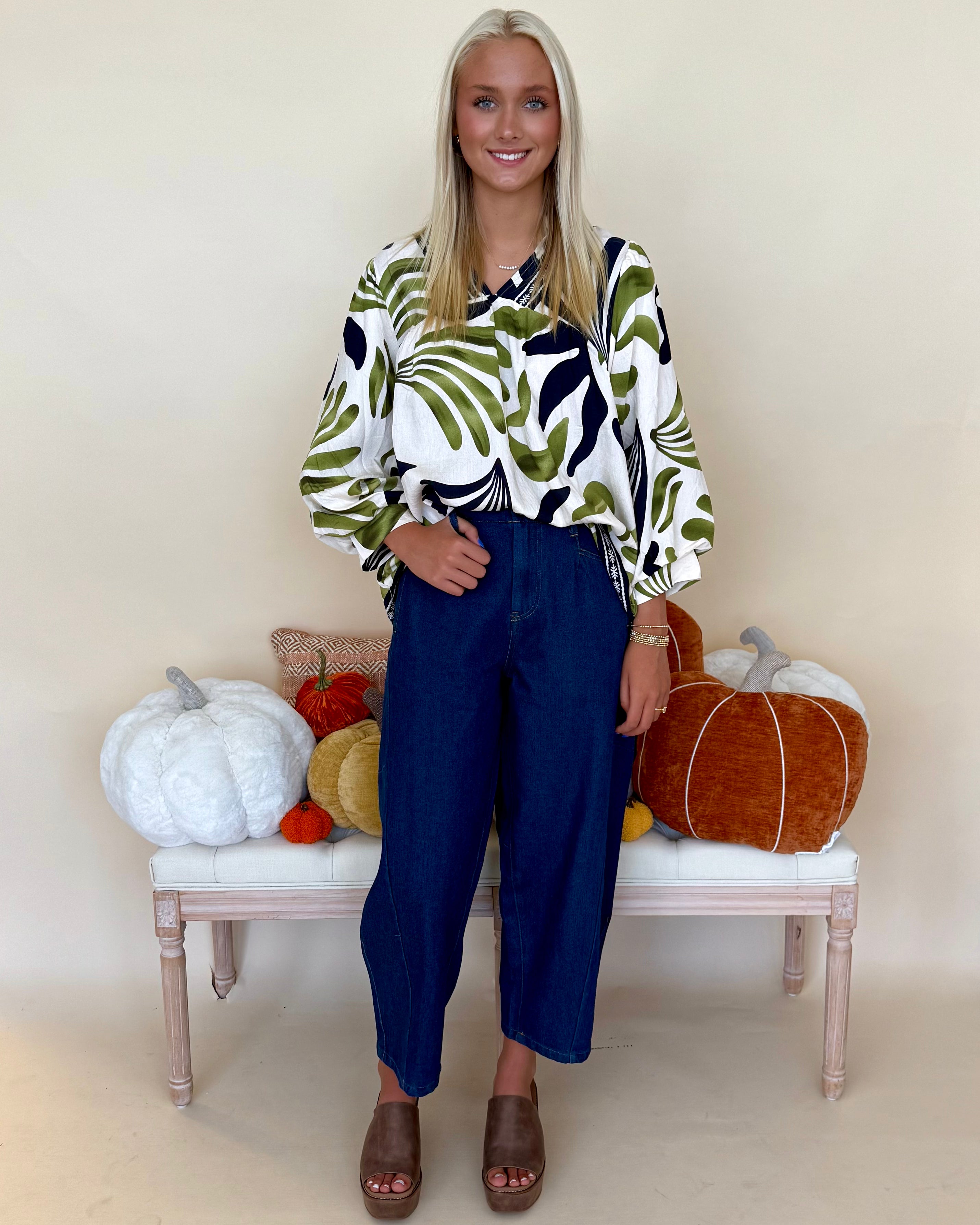Listen To Me Olive Mix Leaf Print Top-Shop-Womens-Boutique-Clothing