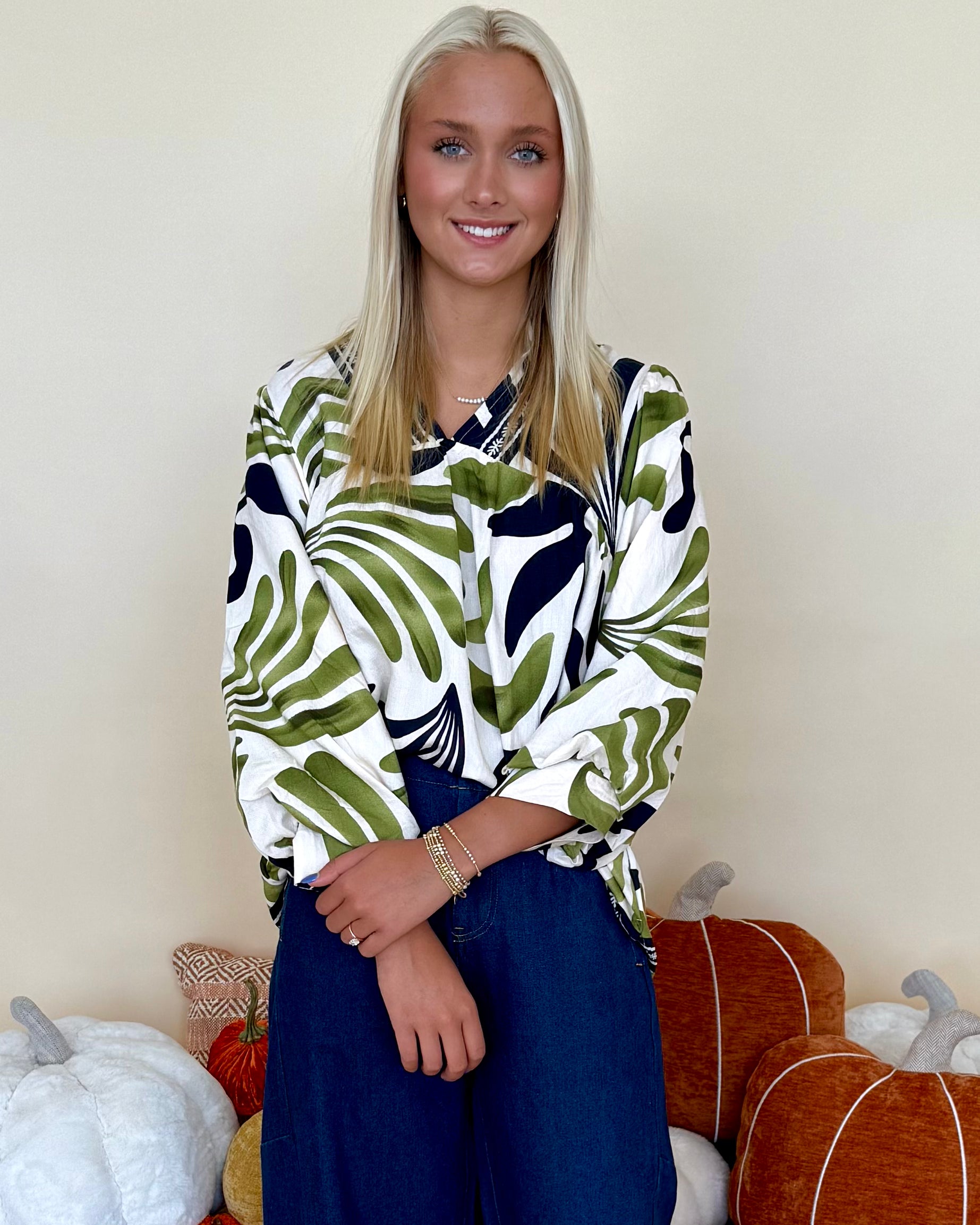 Listen To Me Olive Mix Leaf Print Top-Shop-Womens-Boutique-Clothing