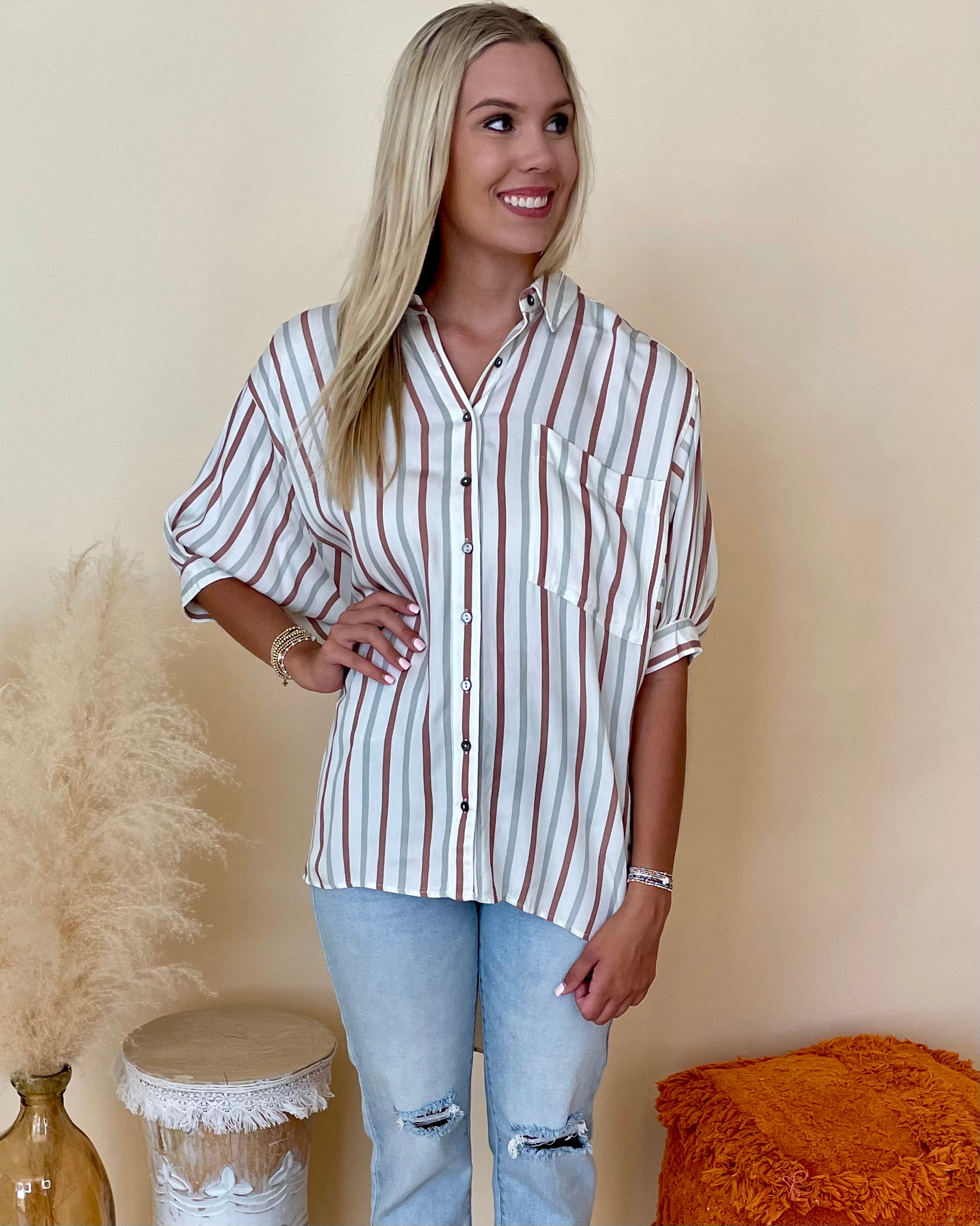 Favorite Day Brown Gray Stripe Top-Shop-Womens-Boutique-Clothing