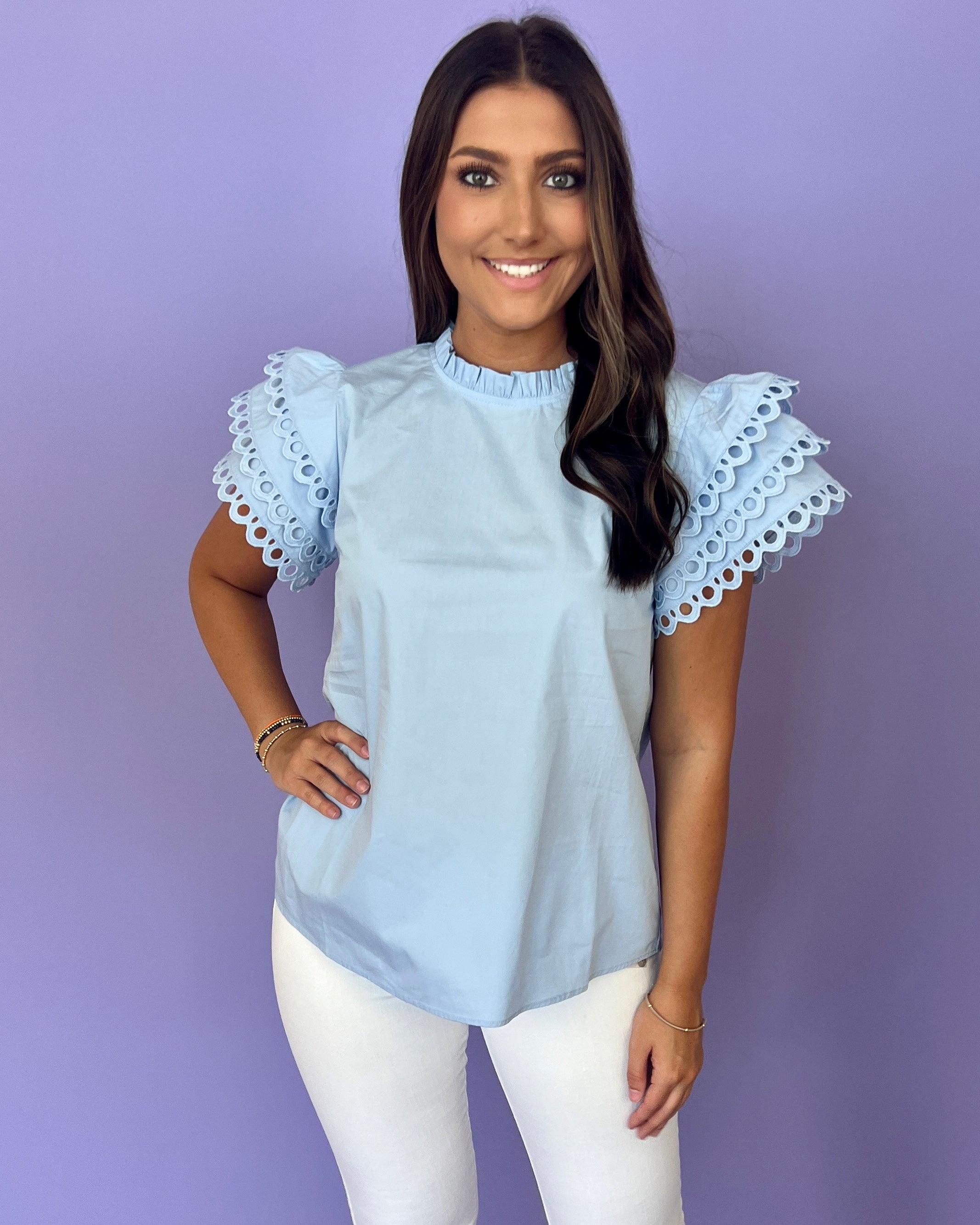 In Sight Sky Blue Scalloped Ruffle Top-Shop-Womens-Boutique-Clothing