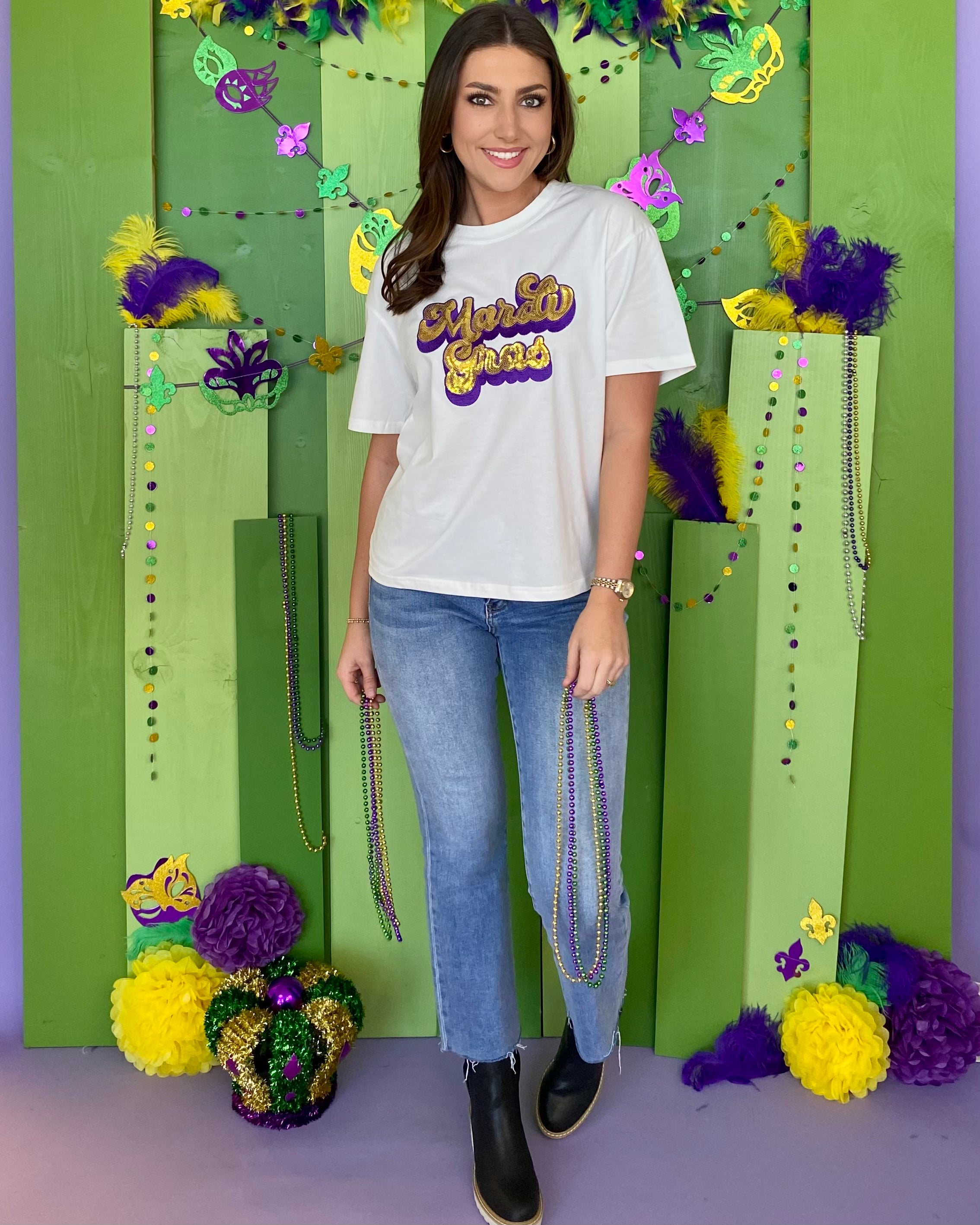 City Fog White Mardi Gras Sequin Tee-Shop-Womens-Boutique-Clothing