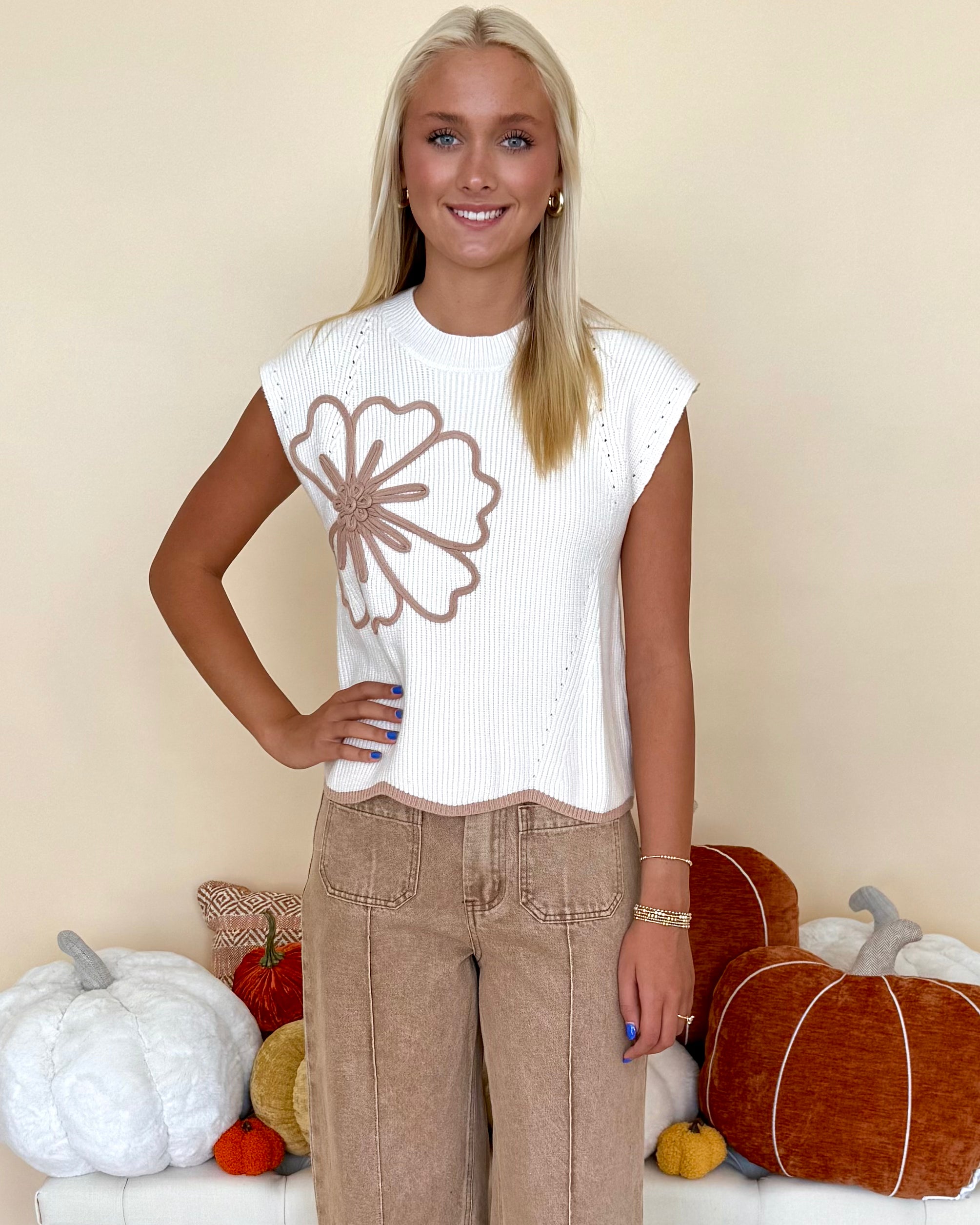 Subtle Detail Taupe Floral Scallop Sweater-Shop-Womens-Boutique-Clothing